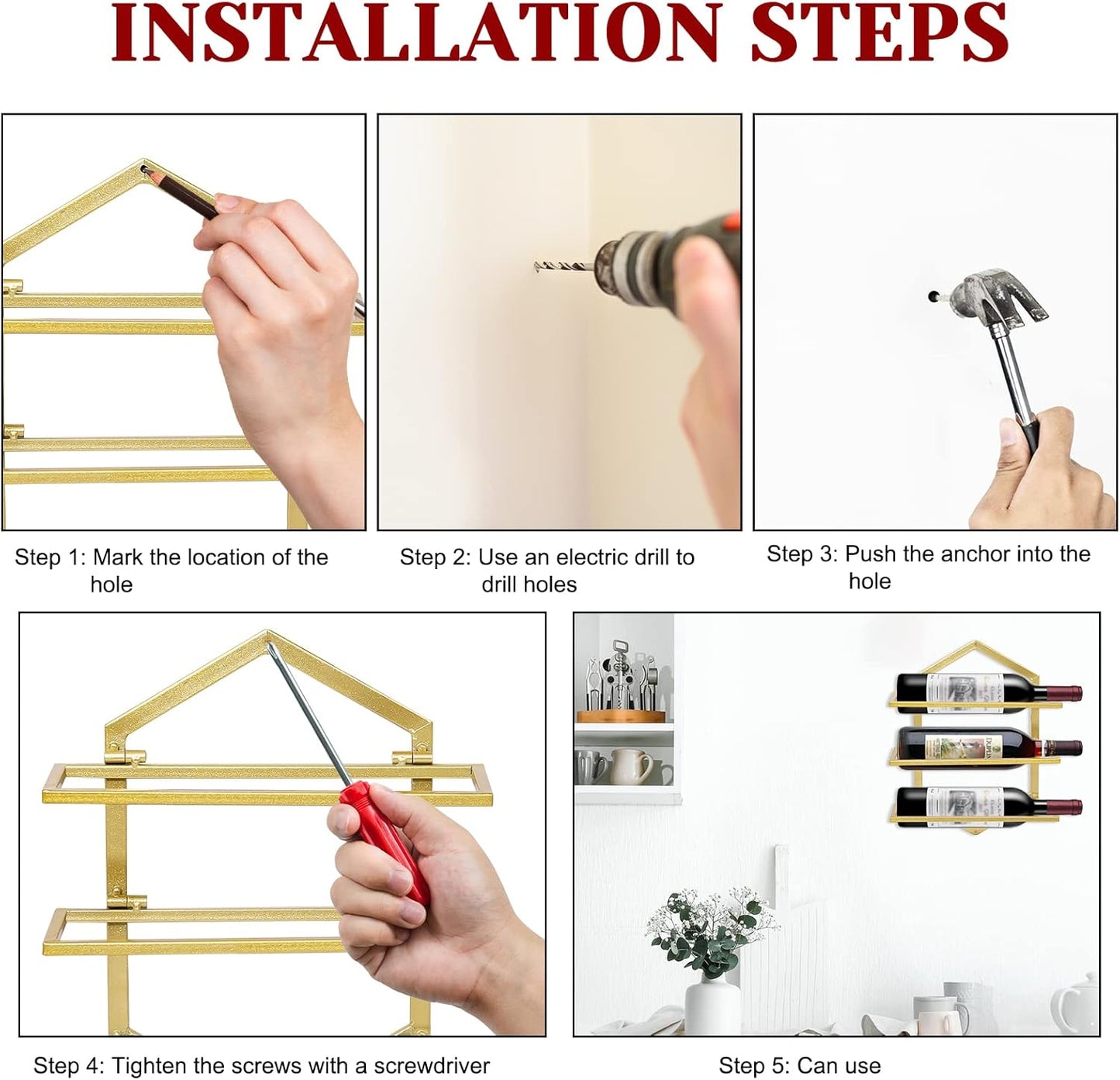 2Pcs Wall Mounted Wine Stemware Rack, Metal Hanging Wine Glass Display Holde Holds 3 Bottles, Elegant Storage for Kitchen Dining Room Bar Wine Cellar (Gold)