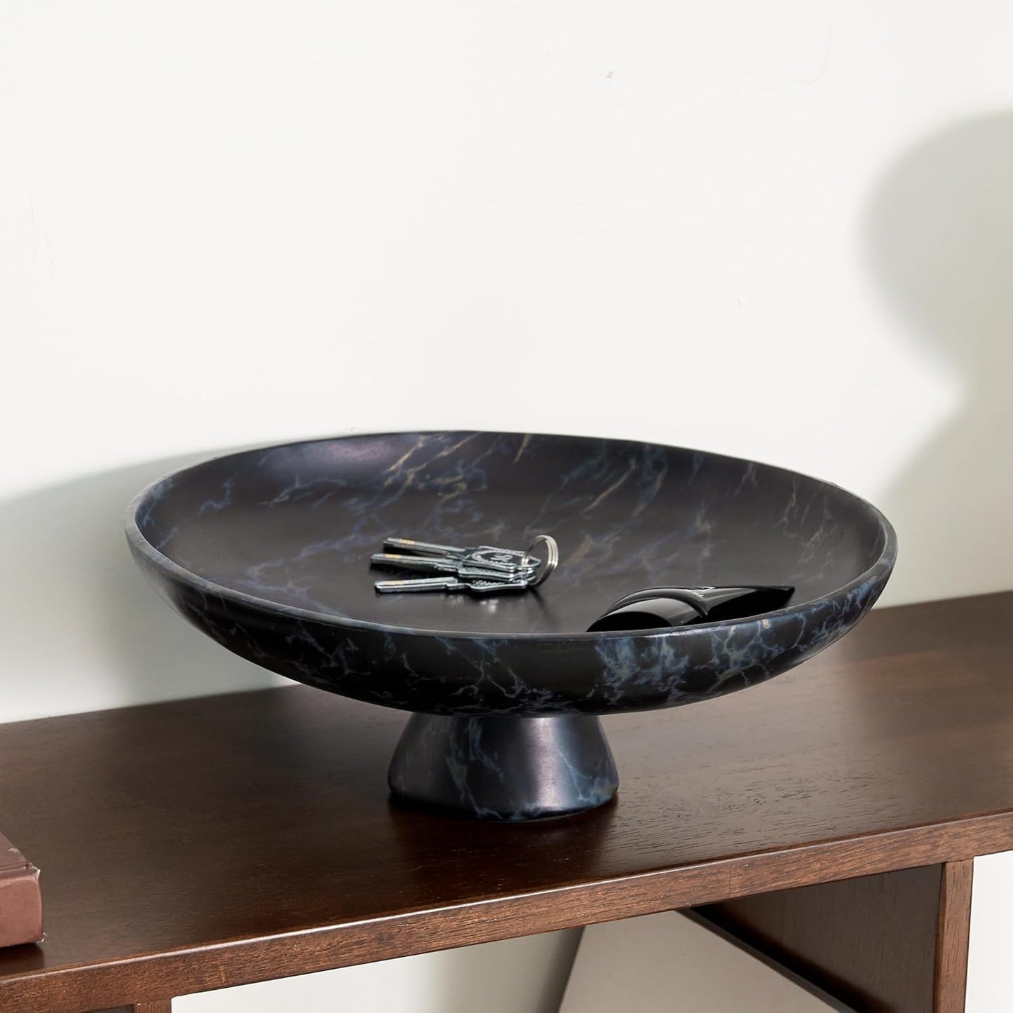 DN DECONATION Black Resin Decorative Bowl for Home Decor, 11.2" Pedestal Kitchen Fruit Bowl/Key Holder/Potpourri for Entryway Table, Coffee Table, Dining Room,Table Centerpiece, Black Decor