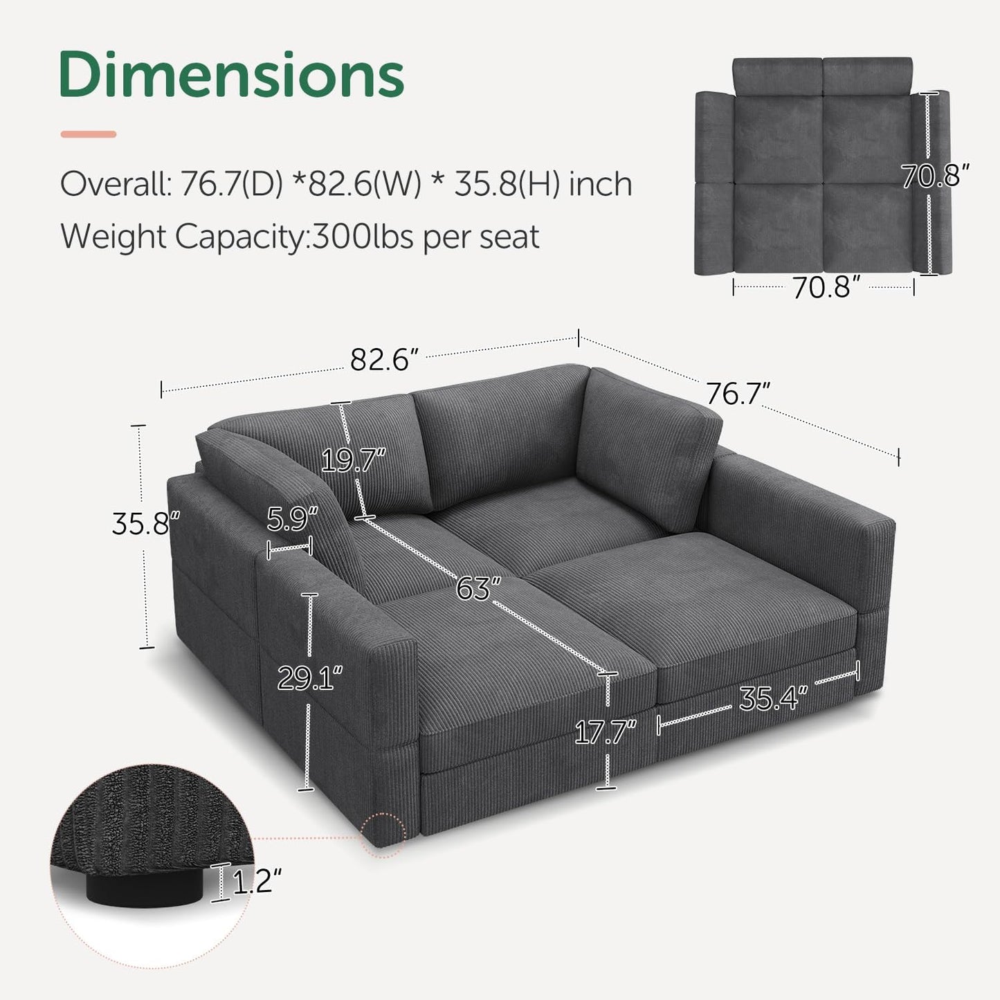 HONBAY Modular Sectional Couches with Storage Corduroy Sleeper Sofa Modular Sectional Couches for Living Room,Dark Grey