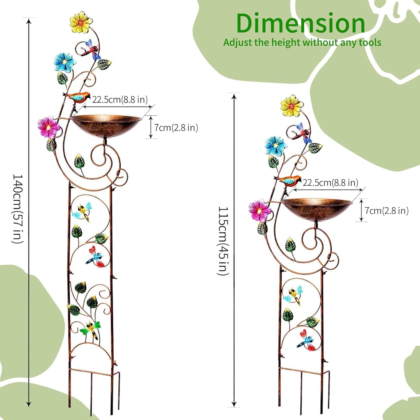 57" Height Metal Bird Bath with Trellis for Outdoor, Vintage Decorative Bird Baths, Small Garden Plant Support, Antique BirdBath for Climbing Plants with Detachable Iron Bowl (Dragonfly)