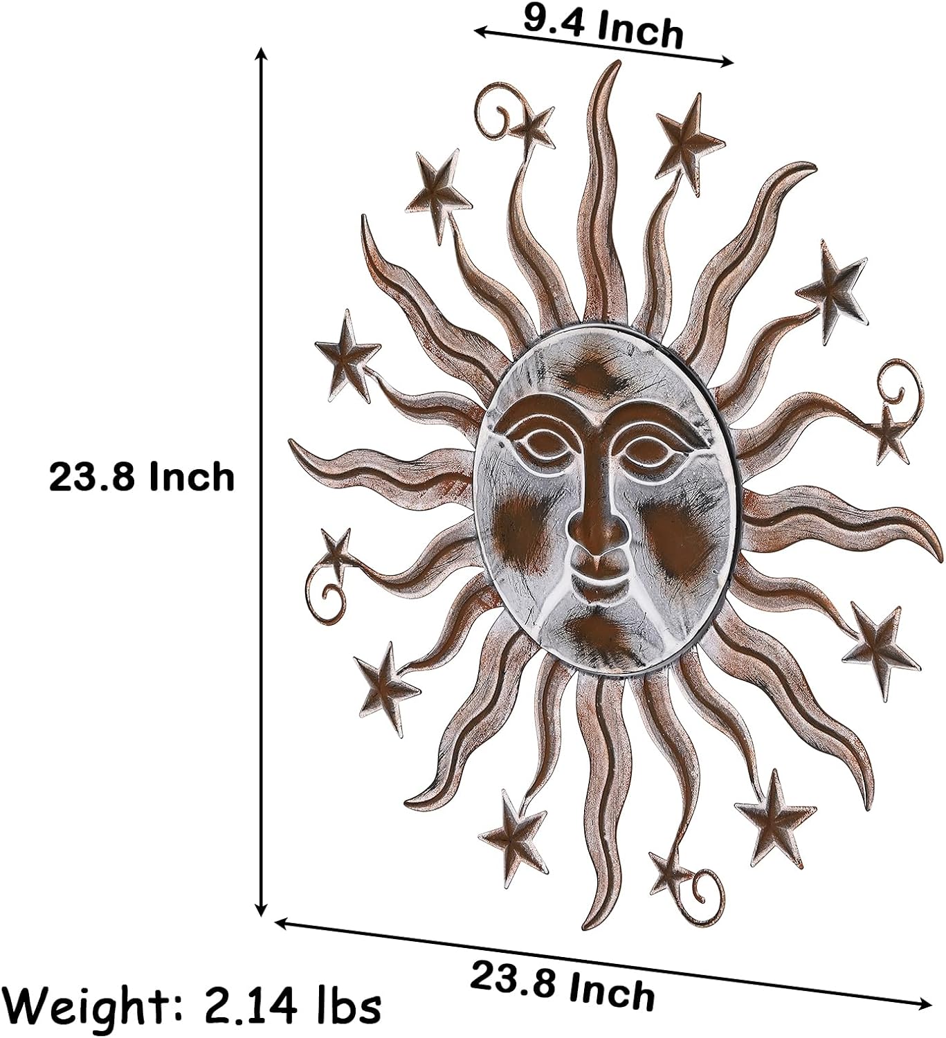 TICKCACY Metal Sun Wall Art Sculpture Decor, 23.8” Vintage Sun and Star Wall Hanging Decoration for Indoor Outdoor Living Room Farmhouse Yard Garden Patio