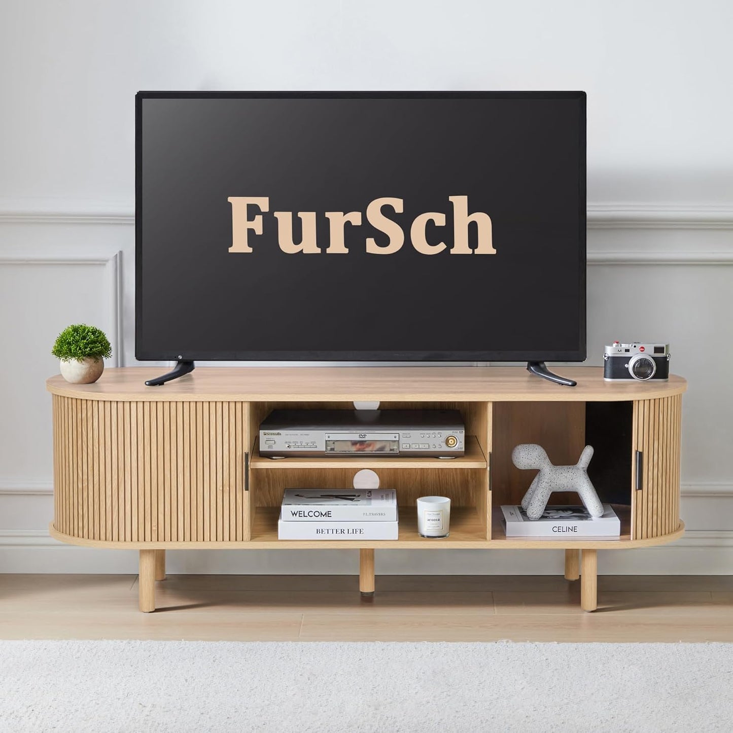 54" Tambour Door TV Stand,Wood Mid Century Modern TV Cabinet for Up to 65“ TV,Curved Edge Long TV Stand with Storage for Bedroom Living Room(Natural, 54inch)