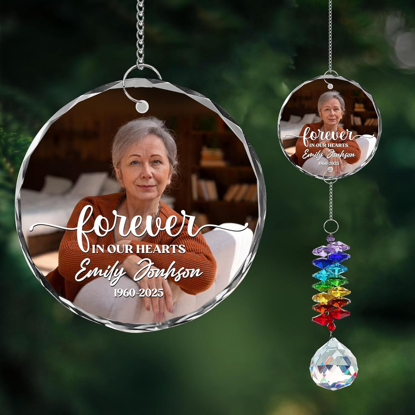 Personalized Memorial Suncatcher Ornament with Photo – Custom Glass Ornament with “Forever in Our Hearts” Quote – in Loving Memory Rainbow Crystal Keepsake – Loss of Loved One