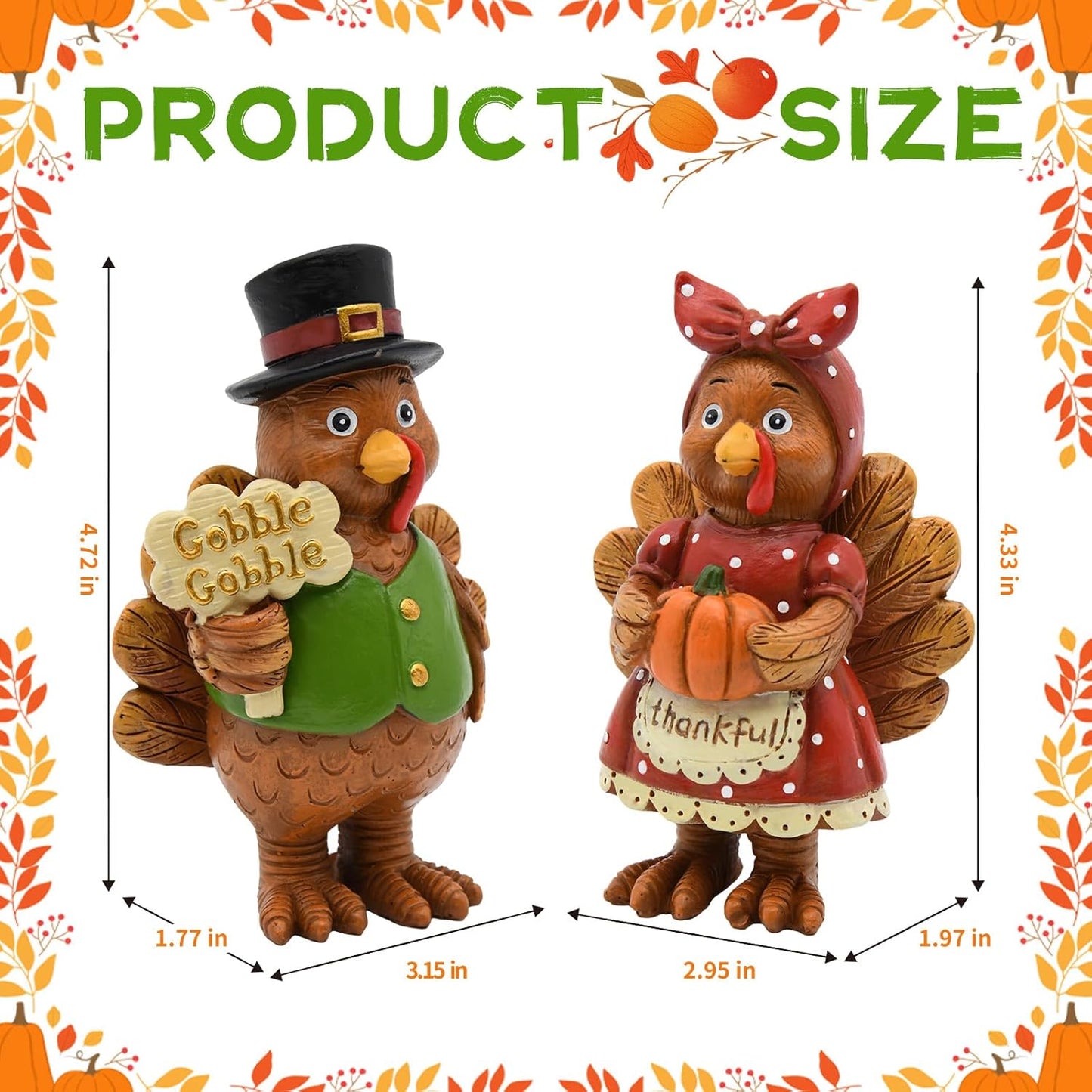 Thanksgiving Turkey Decor - 2Packs Resin Turkey Couple Standing Figurines Thanksgiving Decorations- Fall Decor Indoor for Tables Centerpieces Harvest Farmhouse Kitchen