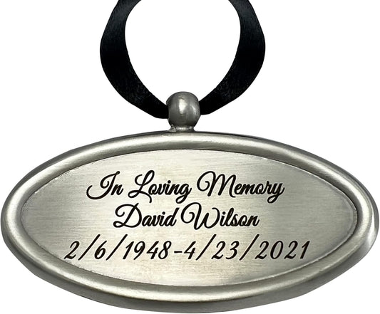 Personalized Engraved Name Tag for Urns - Customizable Plate for Cremation Urns - Engraved Hanging Plate in Silvery Tone with Satin Ribbon (Silvery Pendant)