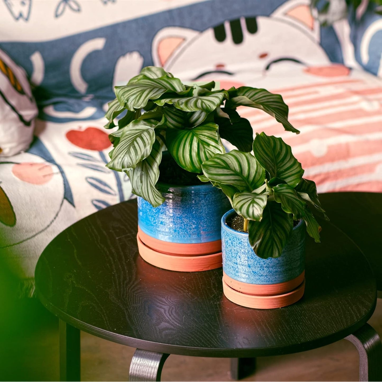 6 + 8 Inch Plant Pots, Ceramic Planter Pot with Drainage Hole & Saucer, Indoor/Outdoor Cylinder Round Planter Pot, Aqua Blue & Terracotta