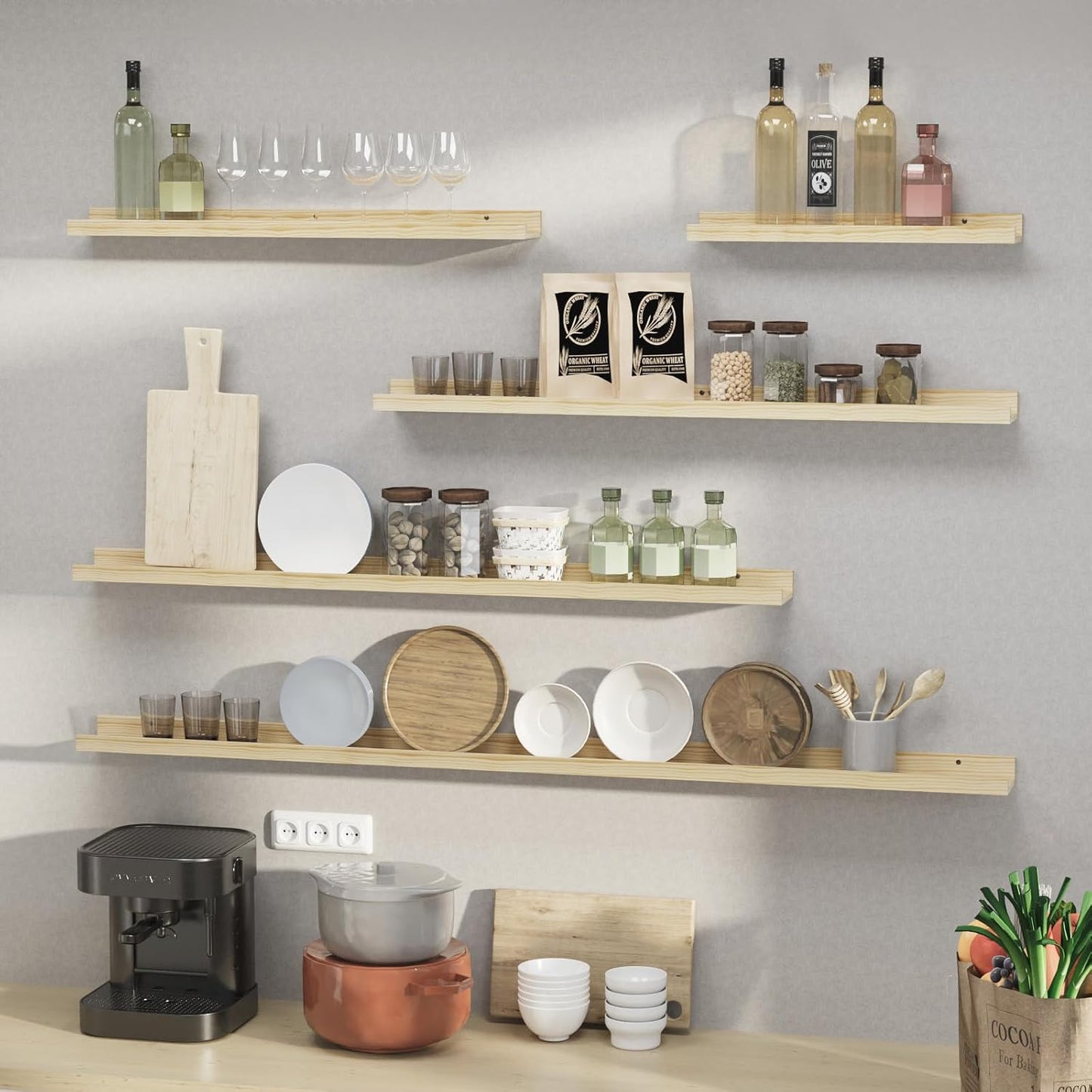 SAUMONIERES Picture Ledge Shelf Floating Book Shelves Set of 2 Wall Mounted Solid Wood for Bedroom Bathroom Living Room Kitchen, 72 Inch Natural