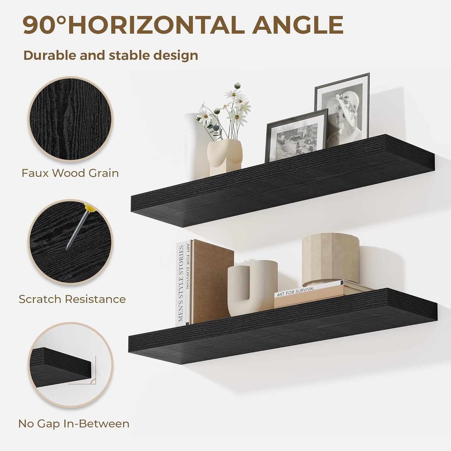 36 Inches Floating Shelves for Wall, 9.3" Deep Long Floating Shelves Set of 2, Large Display & Storage Shelf, Wall Shelf for Bathroom Bedroom Living Room Kitchen Office, Black