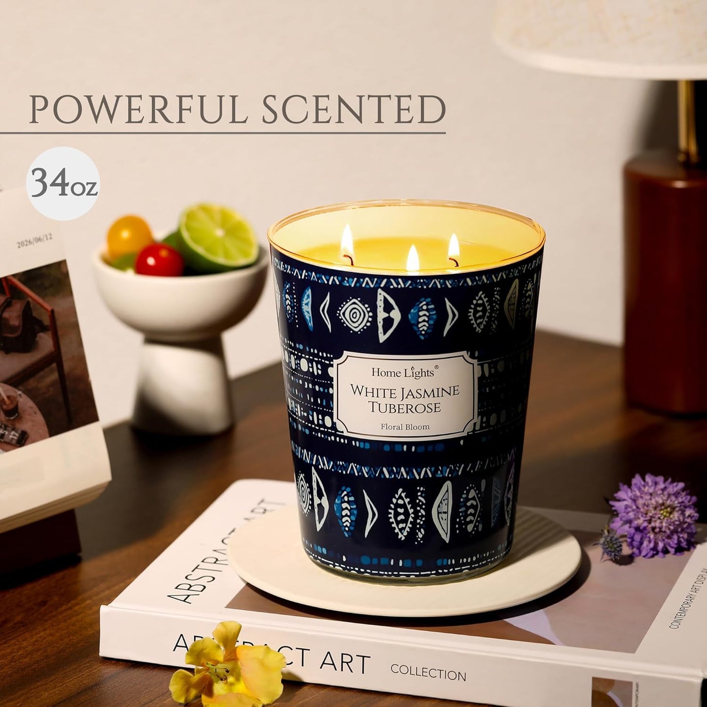 HomeLights Scented Candles for Women & Men, 34oz Candle Jars Aromatherapy 3-Wick Candle, Ideal for Bohemian Natural Textures Home Decor and Gifts, White Jasmine Tuberose