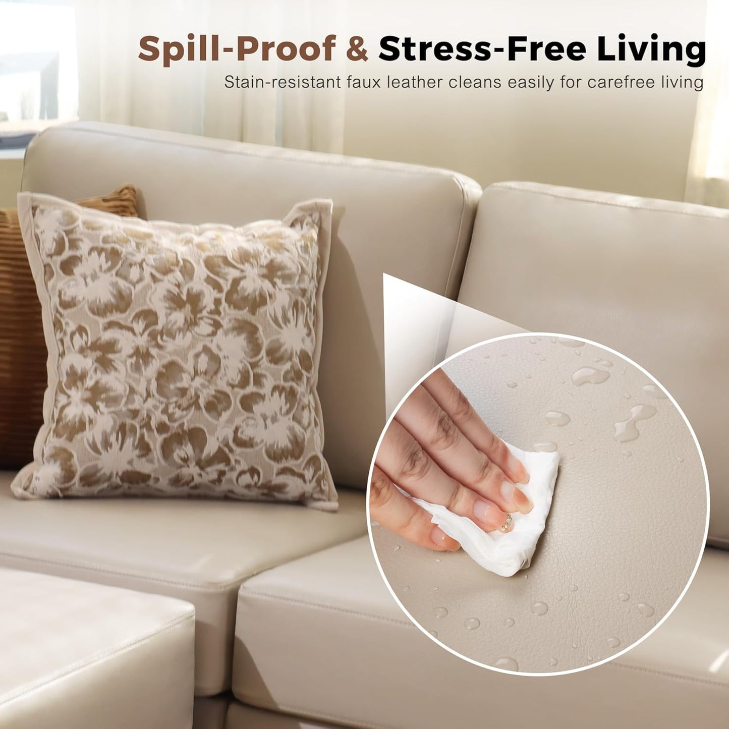 118.5" Oversized Modular Sectional Sofa, Faux Leather 6 Seater U Shaped Couch with Movable Ottoman and Storage Seat with Reversible Chaise Deep Seat for Living Room Whitesand