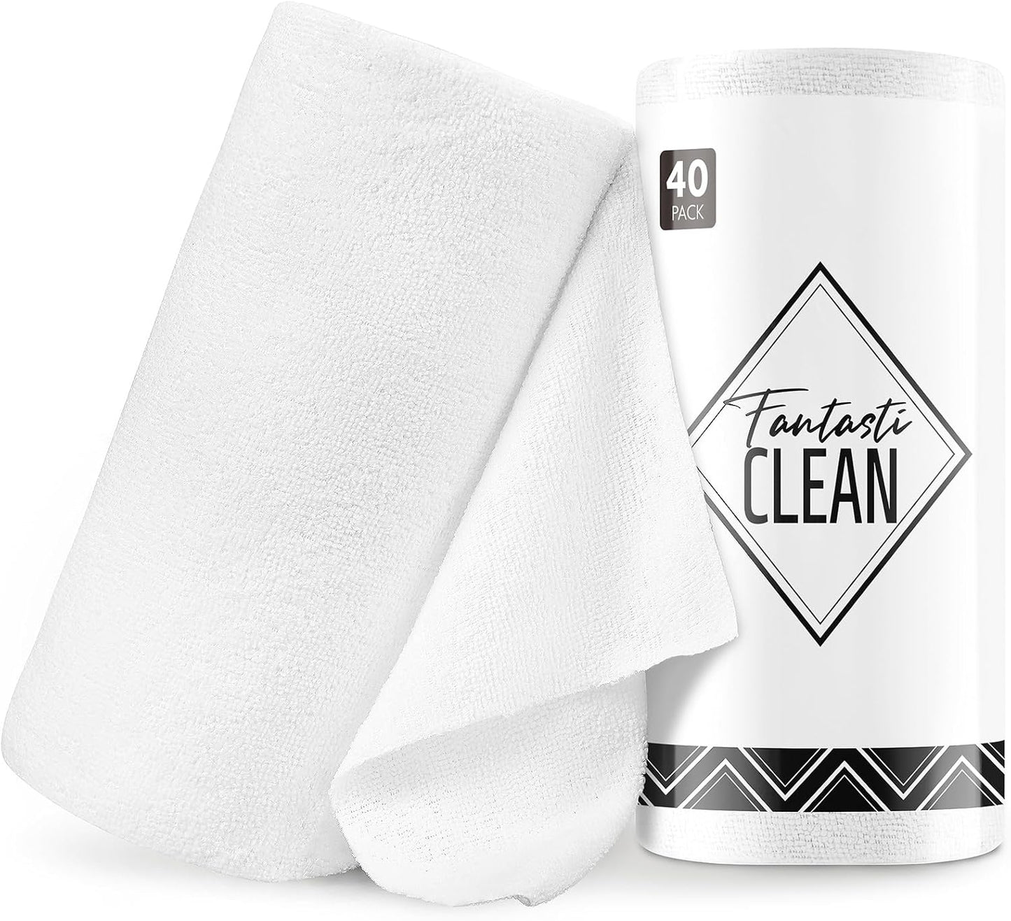 Fantasticlean Microfiber Cleaning Cloth Roll -40 Pack, Tear Away Microfiber Towels, 12" x 12", Reusable, Washable, Scratch Free, Ultra Absorbent Dish Rags for Car, Home, Garage or Shop (White)