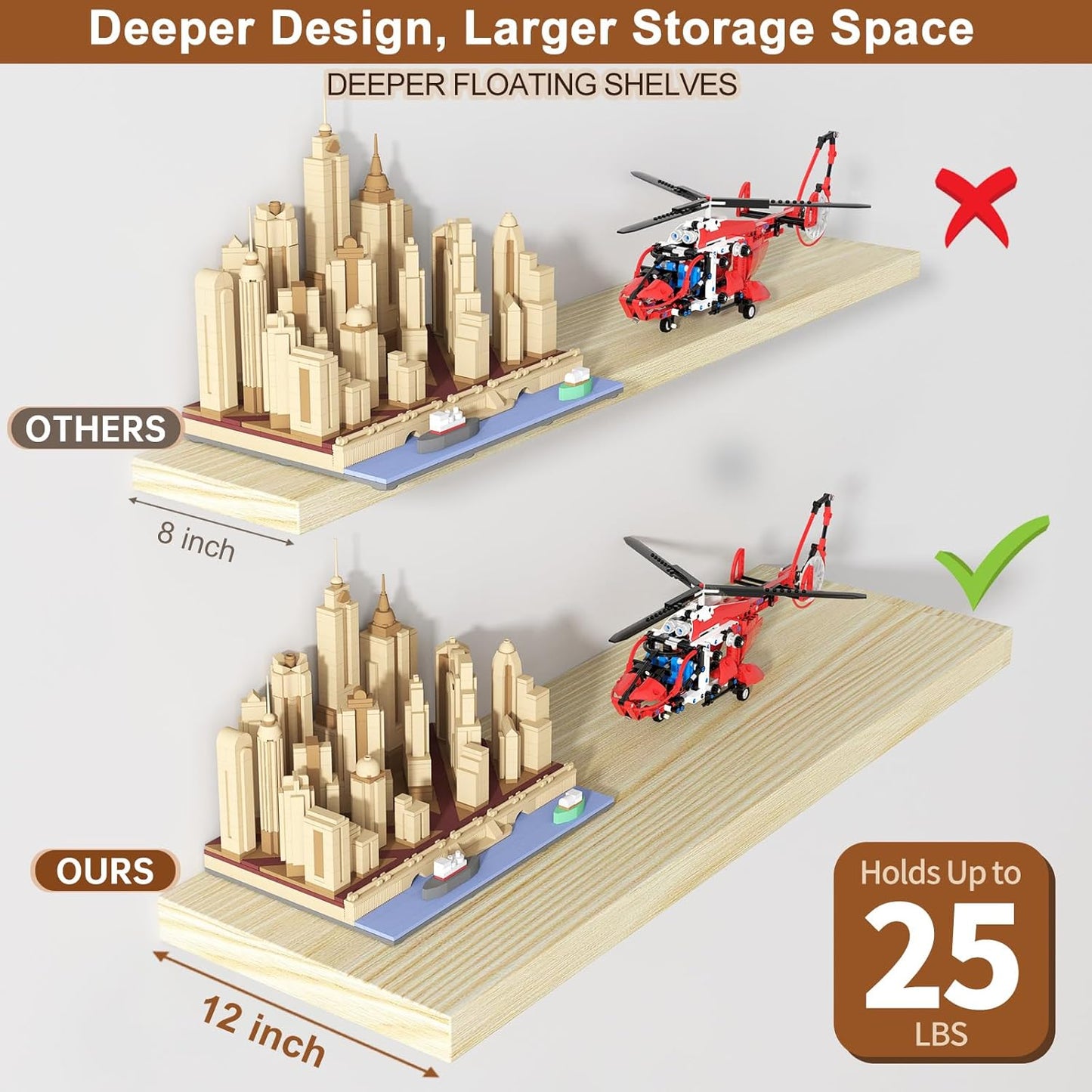12 Inch Deep Floating Shelves for Wall 1 Pack Floating Shelves Large Storage Space Wall Mount Shelf for Living Room Kitchen Bathroom 24" W x 12" D x 1.2" H Oak