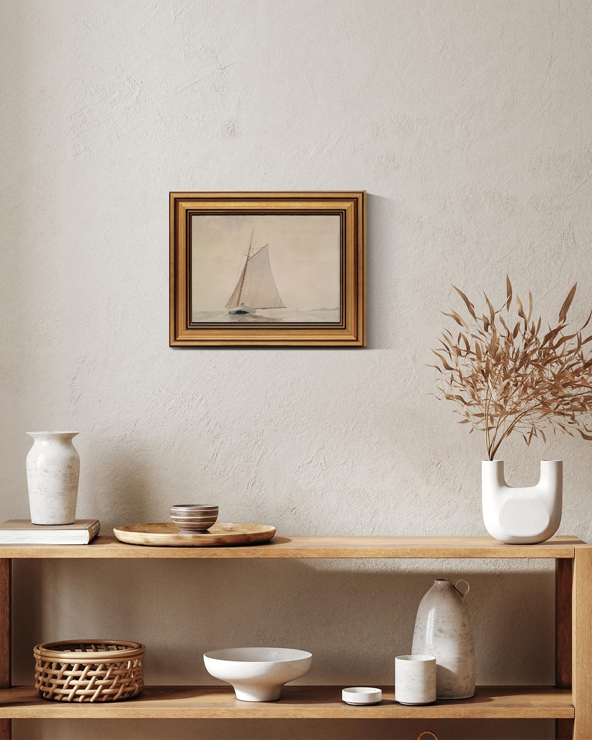 Gold Framed Vintage Wall Art for Living Room, Seaview Painting Prints Shelf Decor for Kitchen, Aesthetic Bedroom Wall Art, Christmas Gifts for Friends or Family (White Sailboat - 8"x10")