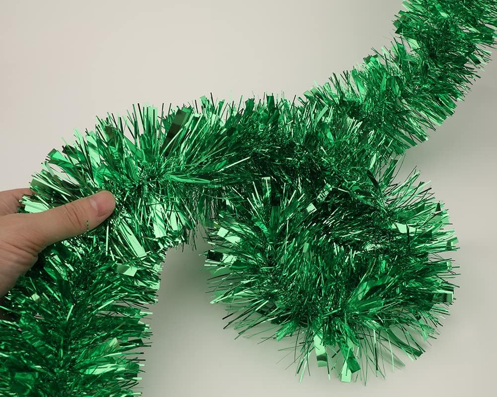 25 ft Long Roll Green Tinsel Twist Garland, Shiny Metallic Foil Decorations for Parade Floats, Halloween, Christmas Eve, New Year Parties (4" x 25' roll, Green)