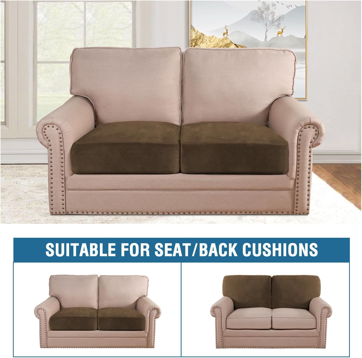 H.VERSAILTEX Velvet Stretch Couch Cushion Cover Plush Cushion Slipcover for Chair Loveseat Sofa Cushion Furniture Protector Seat Cushion Sofa Cover (2 Piece Large Sofa Cushion Covers, Bronze Brown)