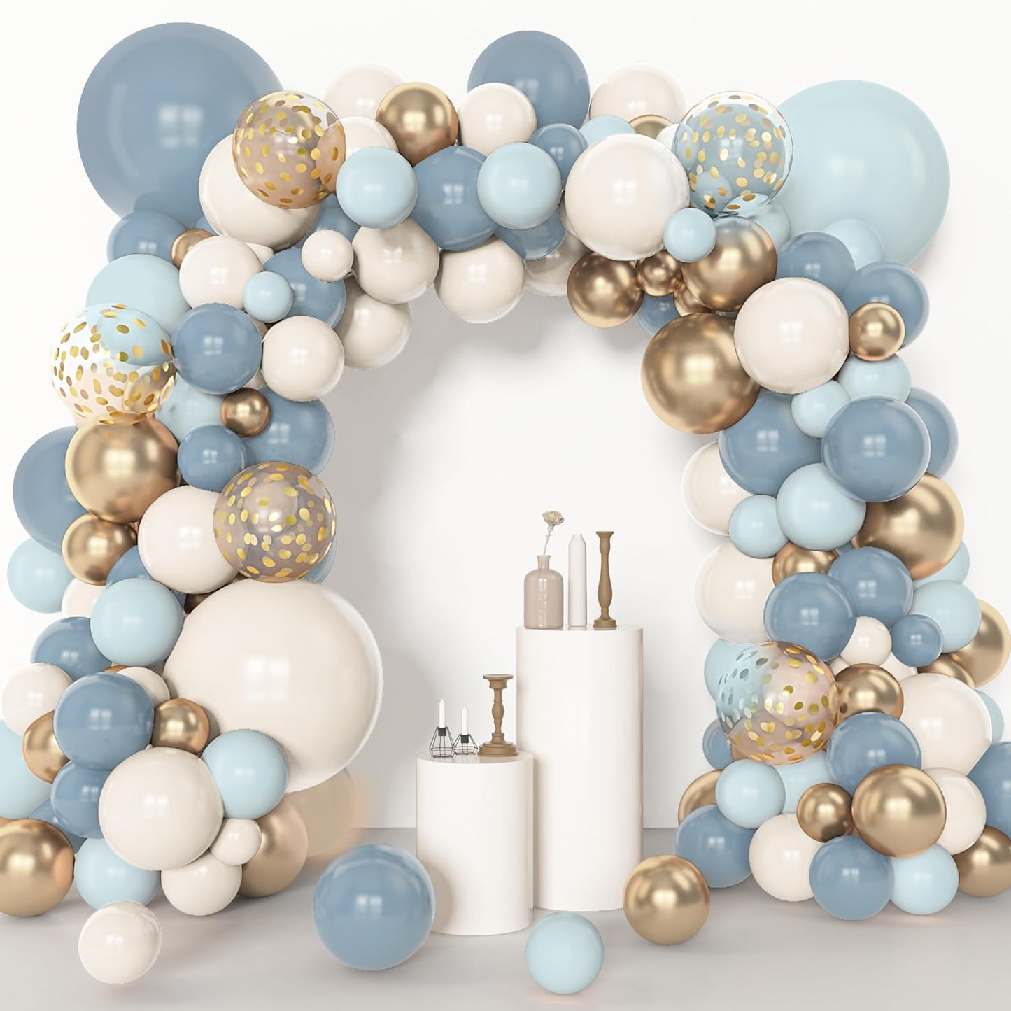 Amandir 153pcs Dusty Blue Balloon Garland Arch Kit, Different Sizes 18 12 10 5 inch Blue White Sand Latex Metallic Confetti Gold Balloons for Boys Birthday Boho Baby Shower Party Decoration Supplies