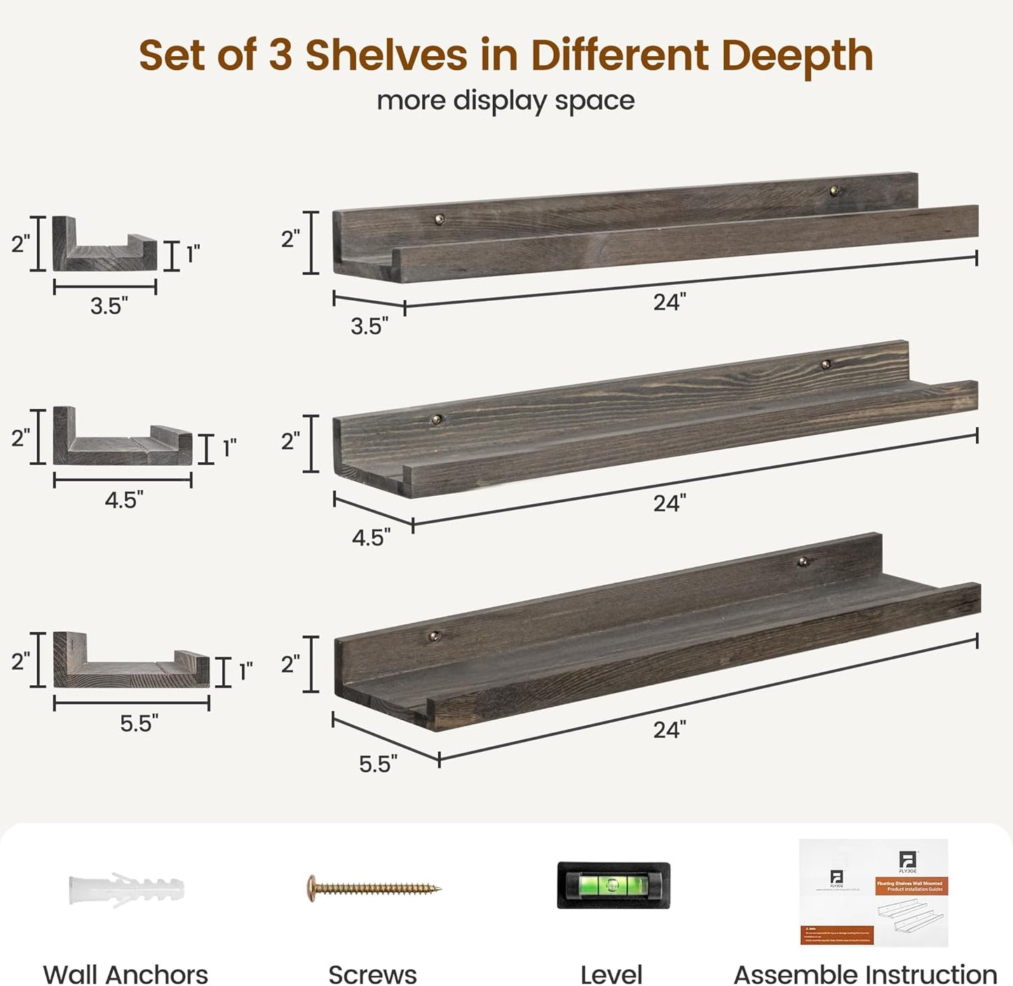Picture Ledge Wall Shelves - 24 Inch Width Set of 3, Solid Pine Wood Rustic Floating Ledge Shelves for Kids' Room, Bedroom, Kitchen, Bathroom, Living Room, Nursery Display Wall Decor, Grey