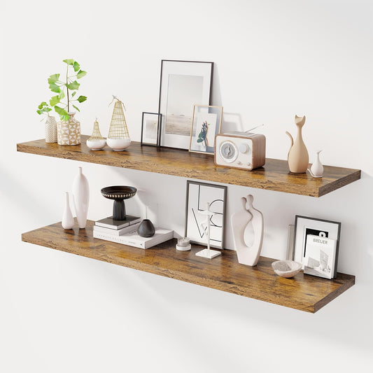 55" Floating Shelves for Wall, 12" Deep Slim Rustic Brown Floating Shelves, Wall-Mounted Shelves for Bedroom, Living Room, Kitchen, Bathroom - Set of 2