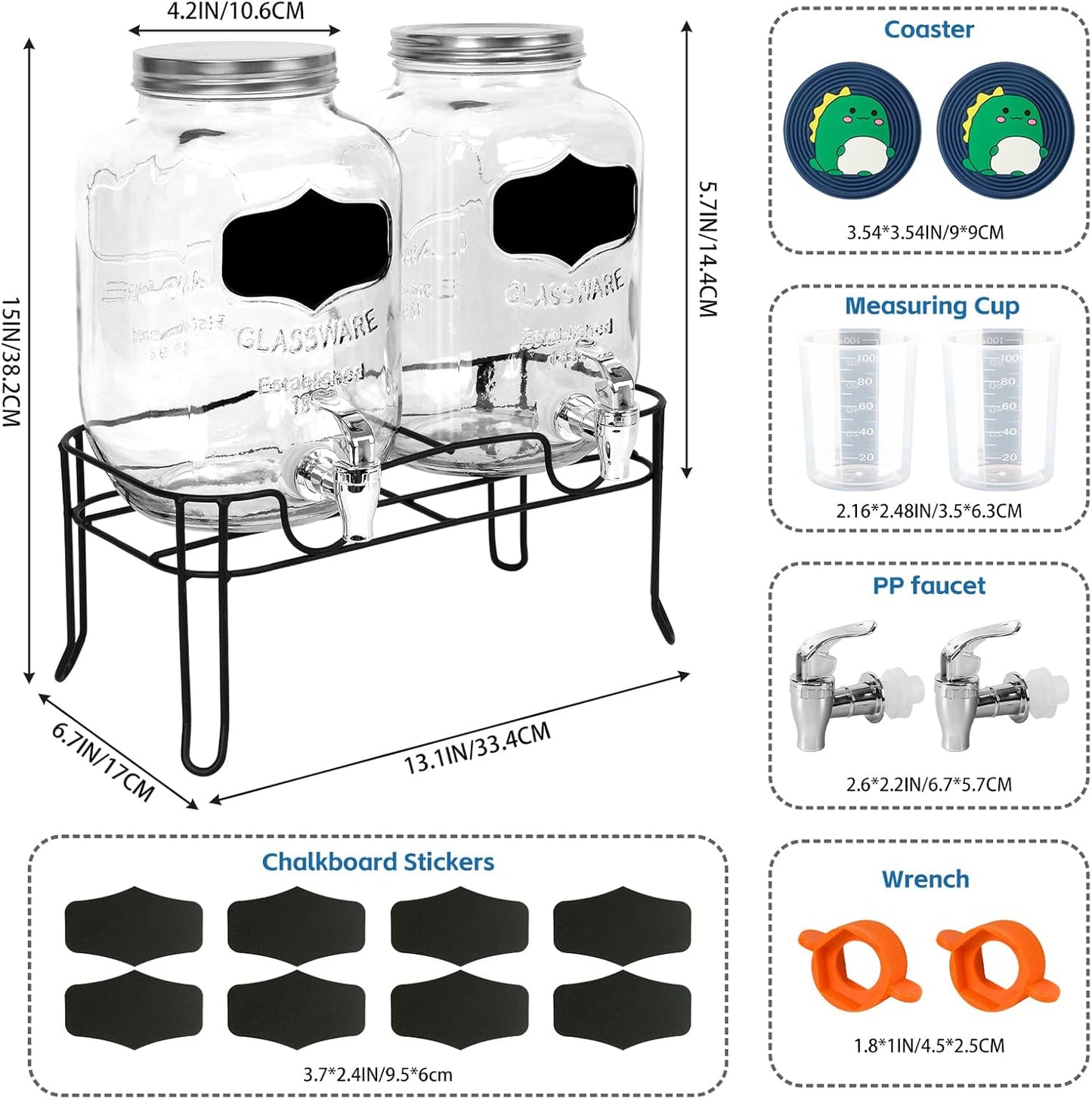 2-Pack 1 Gallon Glass Laundry Detergent Dispenser Set with Bamboo Lids and Stand - Liquid Soap and Fabric Softener Dispensers with Spigots, Cups, Labels and Mats, Laundry Room Organization and Storage