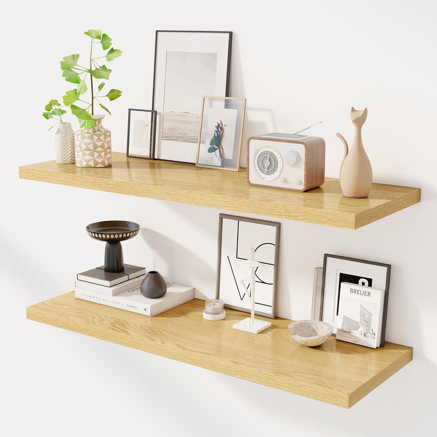 40" Floating Shelves for Wall, 12" Deep Slim Oak Floating Shelves, Wall-Mounted Shelves for Bedroom, Living Room, Kitchen, Bathroom - Set of 2