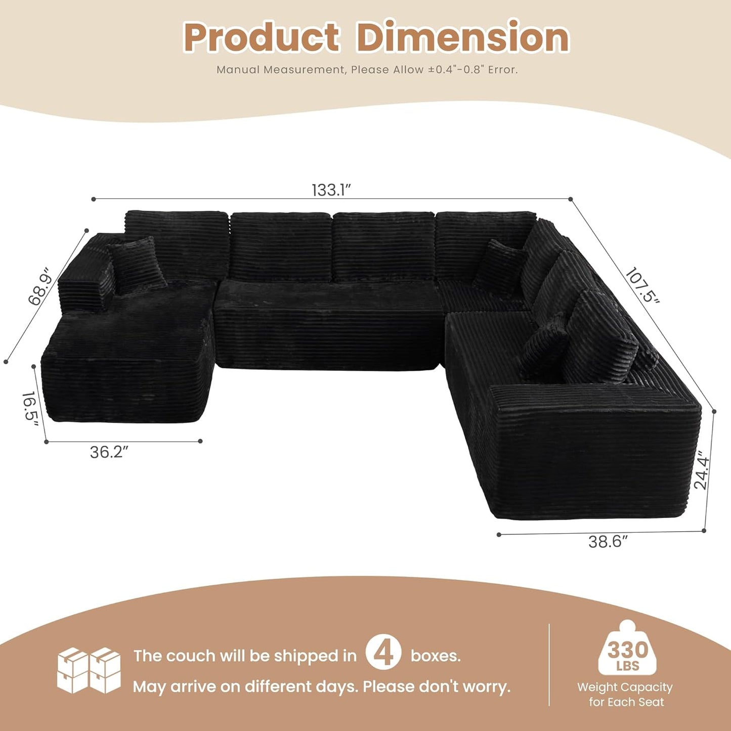 HOOOWOOO Cloud Sectional Couches for Living Room,Modular Sectional Sofa No Assembly,133X108 Inch Plush Corduroy Large U Shaped Floor Couch Set with Deep Seat Left Chaise(Black)