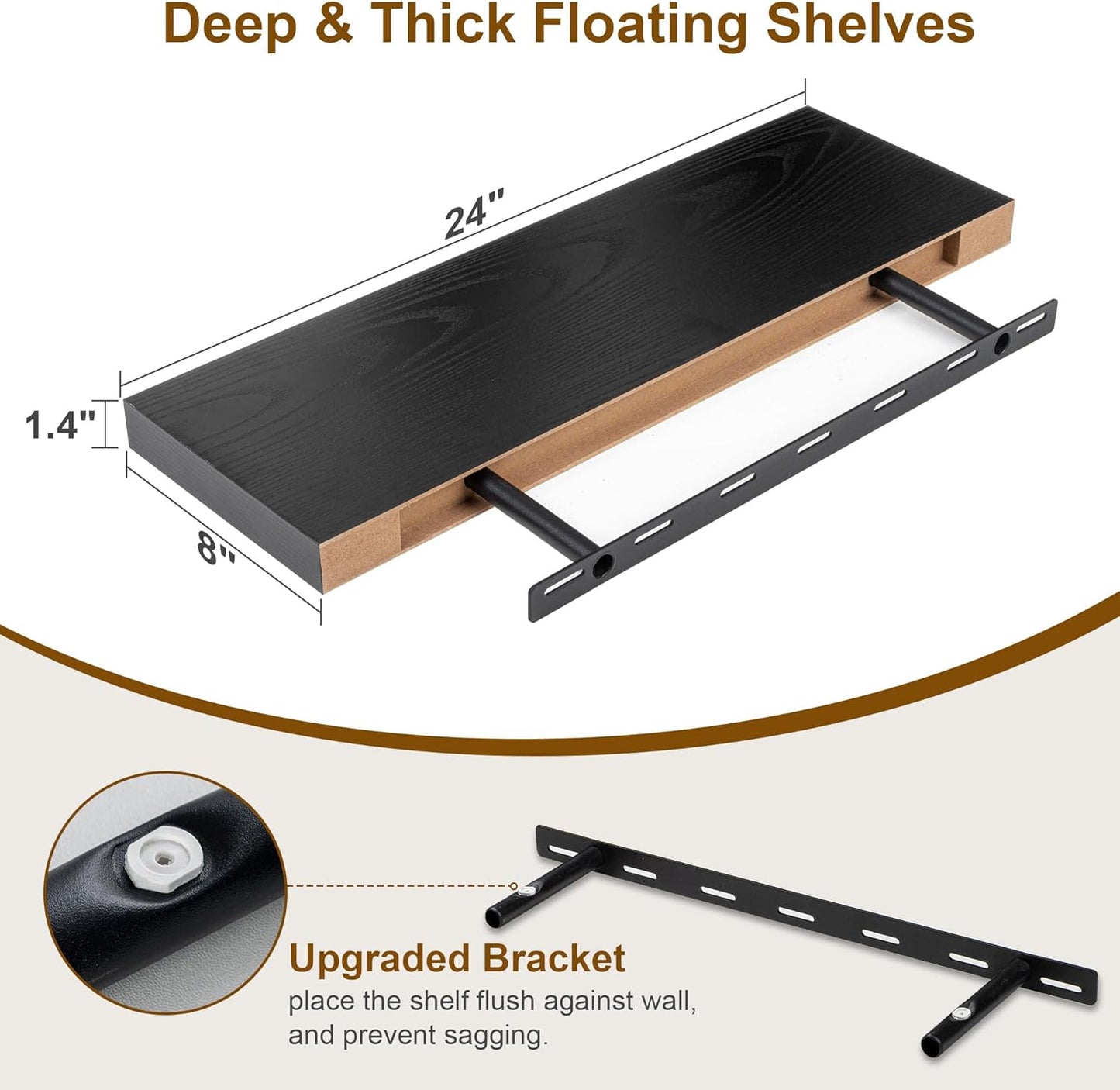 Fun Memories Rustic Black Floating Shelves 24 Inch Long, 8 Inch Deep Floating Shelf, 24 x 8 Wall Shelves Set of 2, Deep Black Bathroom Shelves, 24 Long Floating Bookshelf Wall Mounted