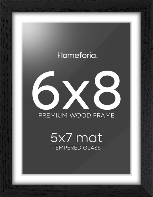 Homeforia 8x6 Black Wood Frame, High End Oak 6x8 Black Wooden Picture Frames with Mat 5x7 Art, 6 x 8 Frame Matted to 5 by 7 inch Photo, 6x8 Wall or Tabletop Frames, Tempered Glass, Wall Kit, Set of 1