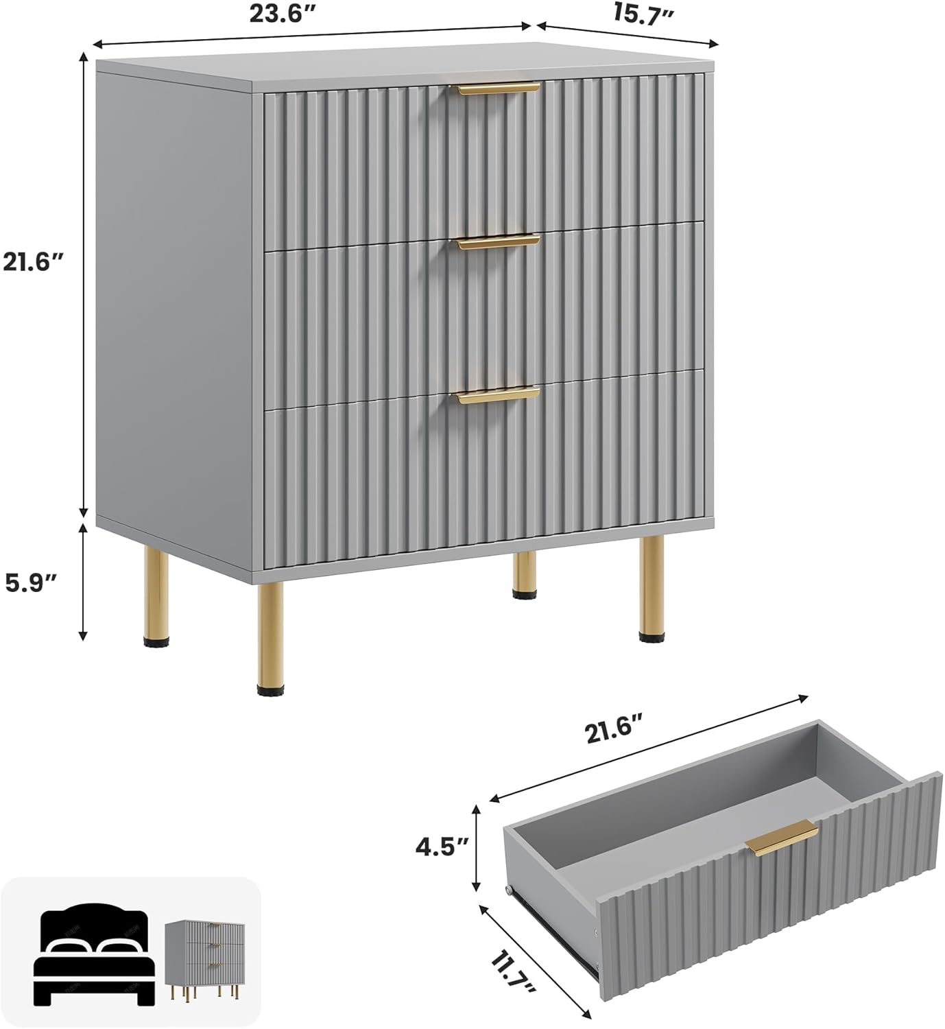3 Drawer Dresser for Bedroom, Fluted Modern Nightstand with Deep Drawers, Chest of Drawers with Wide Top, Wooden Dresser Organizer, Side Table for Living Room, Hallway, Kids Room, Grey