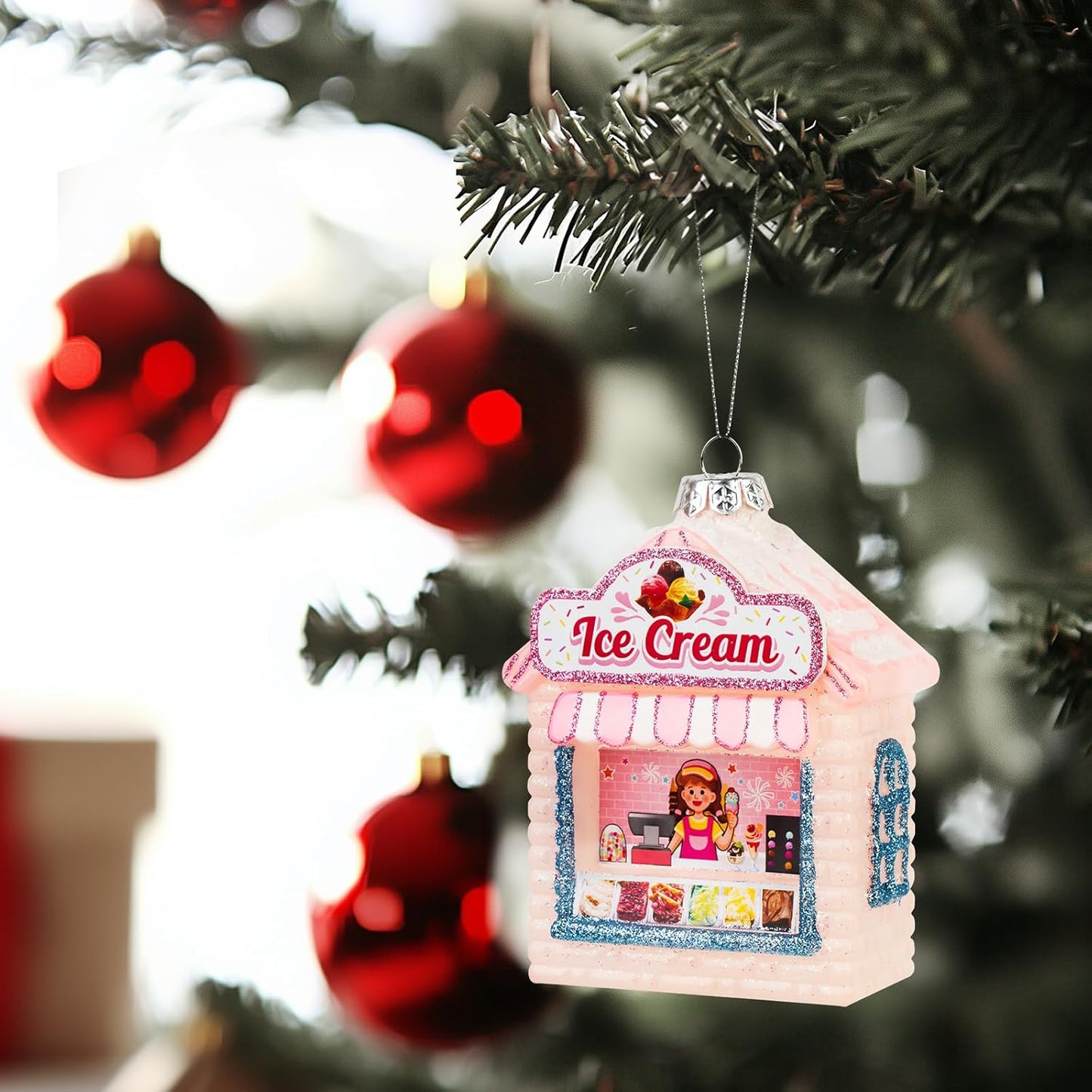 Hanging Christmas Ornaments, 2025 Glass Blown Christmas Tree Ornaments, Pink Christmas Tree Decorations, Funny Gifts & Home Decor, Ice Cream Parlor