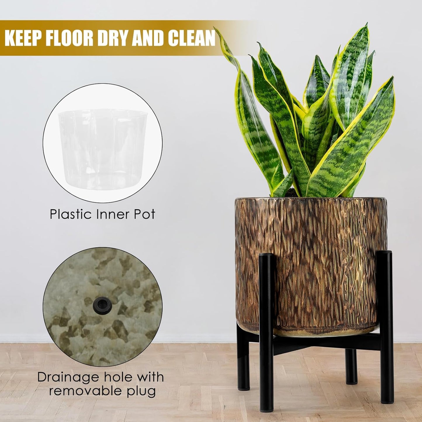 Harvest Land Plant Pots with Stand, Set of 2 Large Modern Planters Metal Tall Handmade Flower Pots with Drainage Holes Indoor Outdoor,Bronze