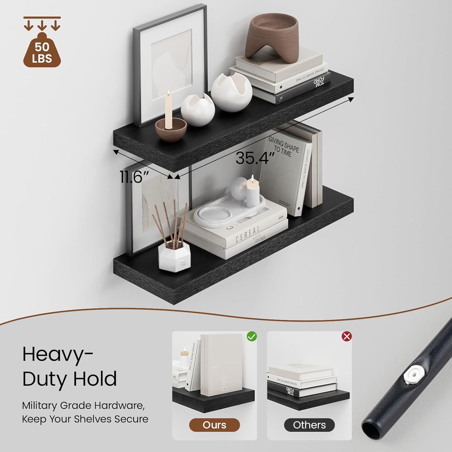 Heimlove 36 Inch Wall Shelf Bathroom Shelves Set of 2, 12" Deep Black Floating Shelves for Wall, Wall Mounted Shelves for Books Living Room Laundry Room Bedroom Kitchen Home Office