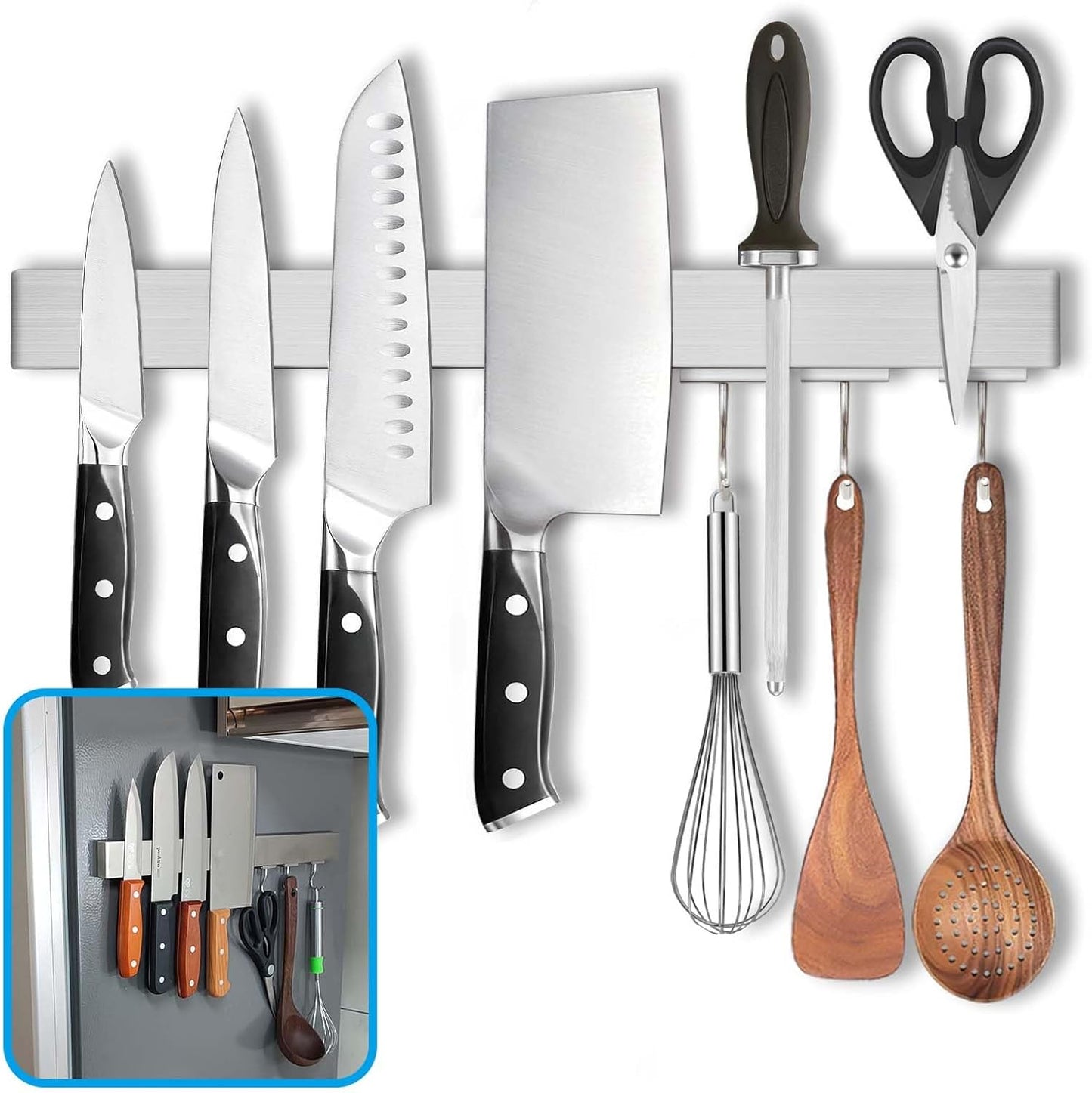 16 Inch Magnetic Knife Holder for Refrigerator - Knife Magnetic Strip for Fridge with Magnetic Hooks - Double Sided Magnetic Knife Bar - Stainless Steel Kitchen Magnetic Knife Hanger Rack