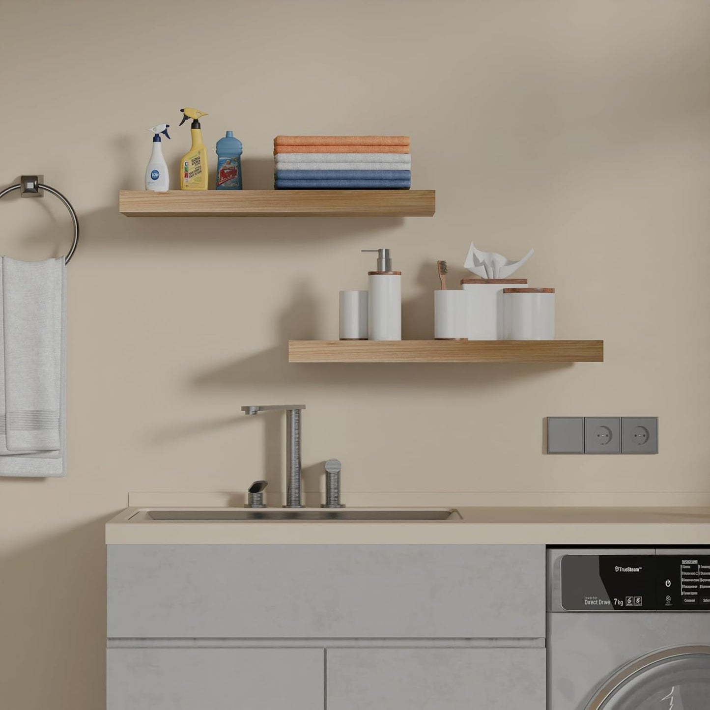 IAE Floating Wall Shelves 16 inch,Bathroom Shelves Wall Mounted,Invisible Shelves Floating Kitchen Shelves,Wooden Wall Shelves with Brackets for Living Room Wall Mounted,Easy Install,Set of 2,Natural