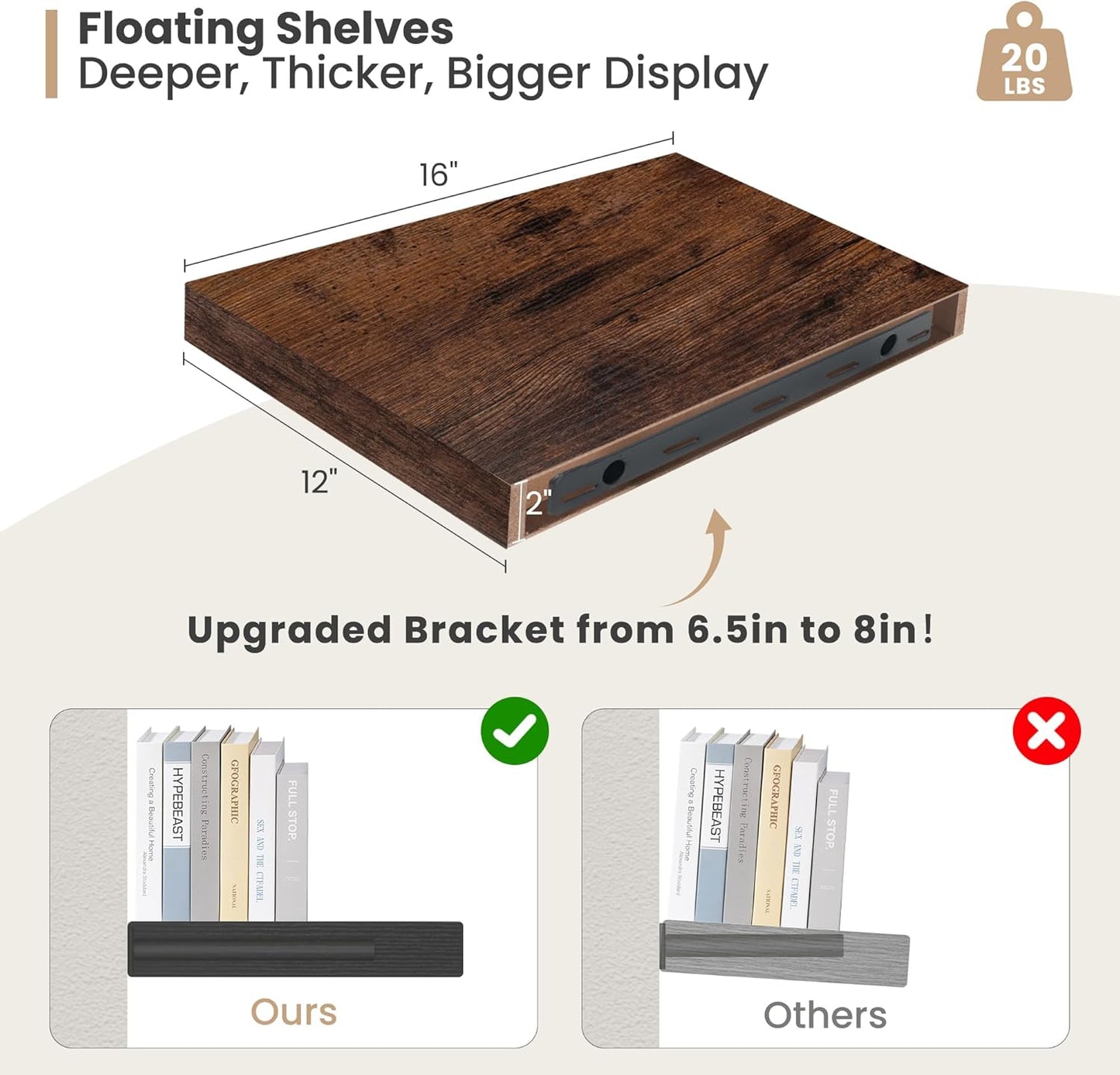 Heimlove 12 Inch Deep Floating Shelves, 16 x 12 inches Long Wall Shelf, Large Extra Display Shelf & Storage Shelf, Rustic Wood Wall Shelves for Fireplace Mantel, Brown - 2Pack