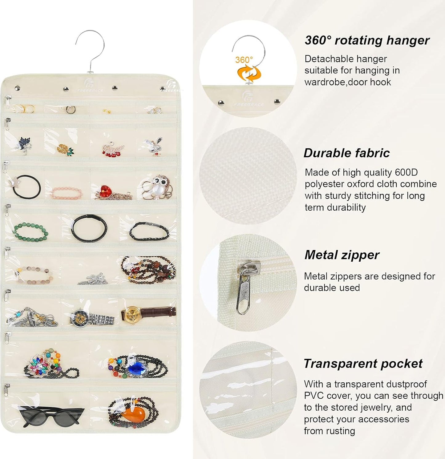 Freegrace Hanging Jewelry Organizer Revolving Hanger - Secure Zipper Closure - 50 Pockets - Foldable Storage & Display Solution - For All Jewelry & Bijoux (Beige)