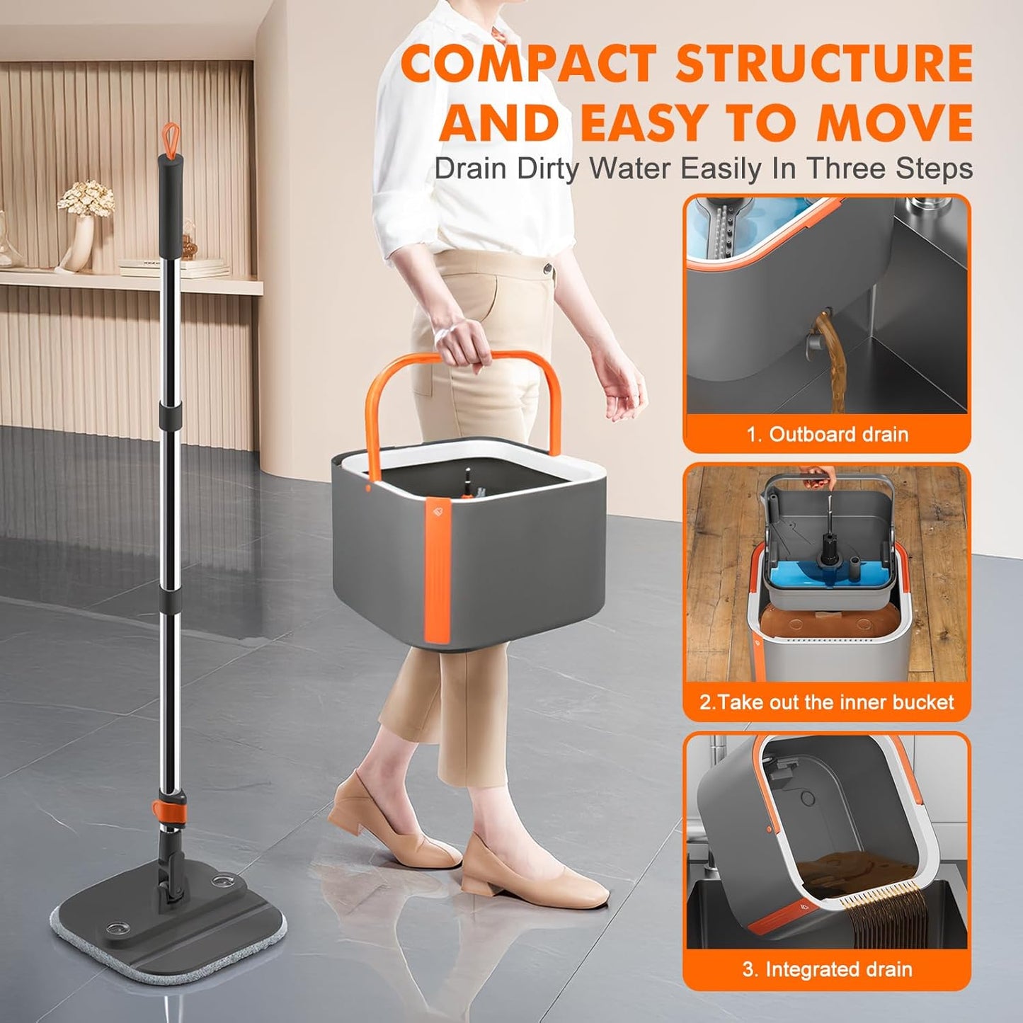Upgraded Spin Mop and Bucket Self-Standing Mop Bucket Separate Dirty and Clean Water System Self Wringing 360° Rotating Clean Mop and Bucket Set (Drak Gray, 14Pads Mop and Bucket Set)