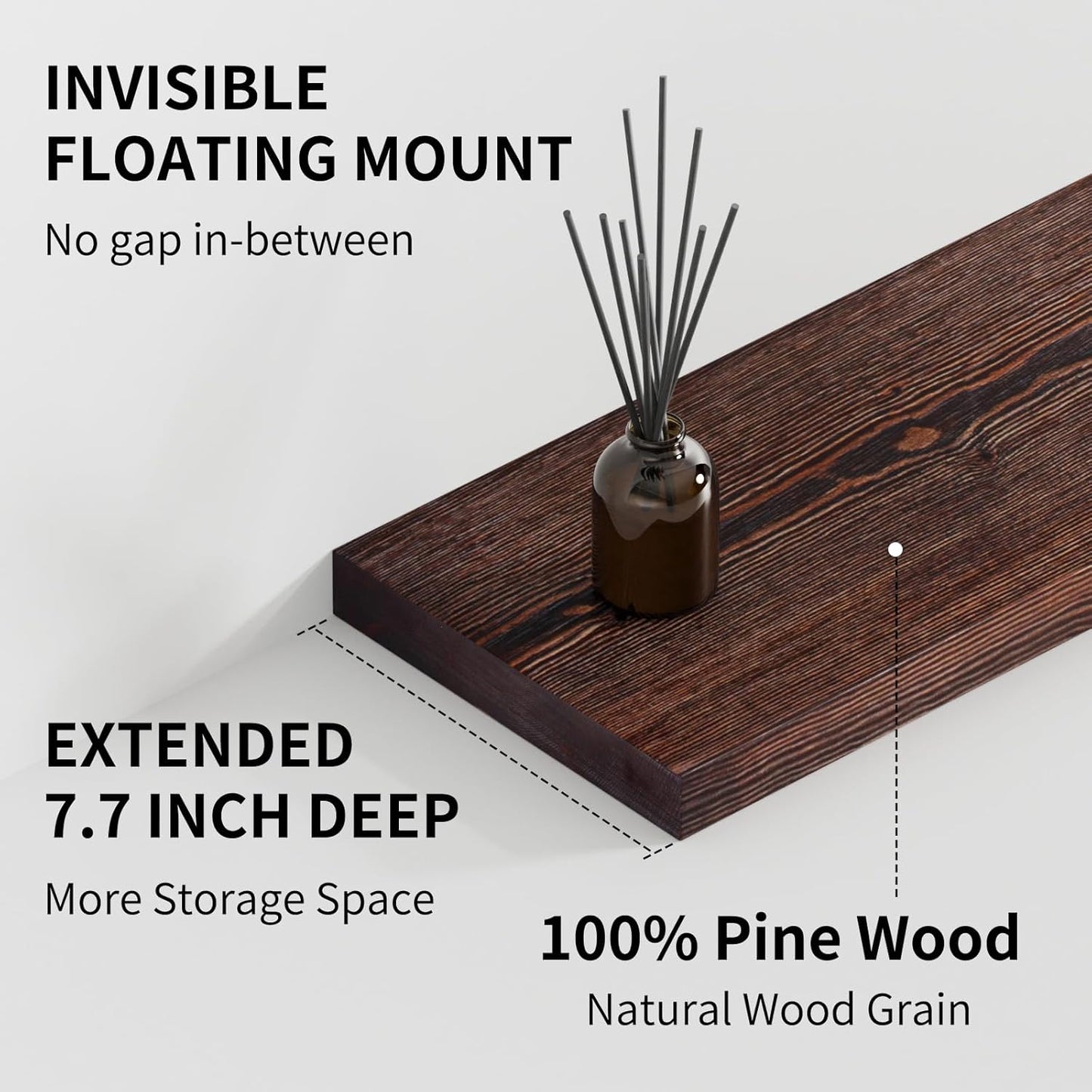 SAUMONIERES Floating Shelves 8 Inch Deep Solid Wood Wide Wall Shelf Set of 1 Wall Mounted for Bedroom Bathroom Living Room Kitchen, 55 Inch Walnut