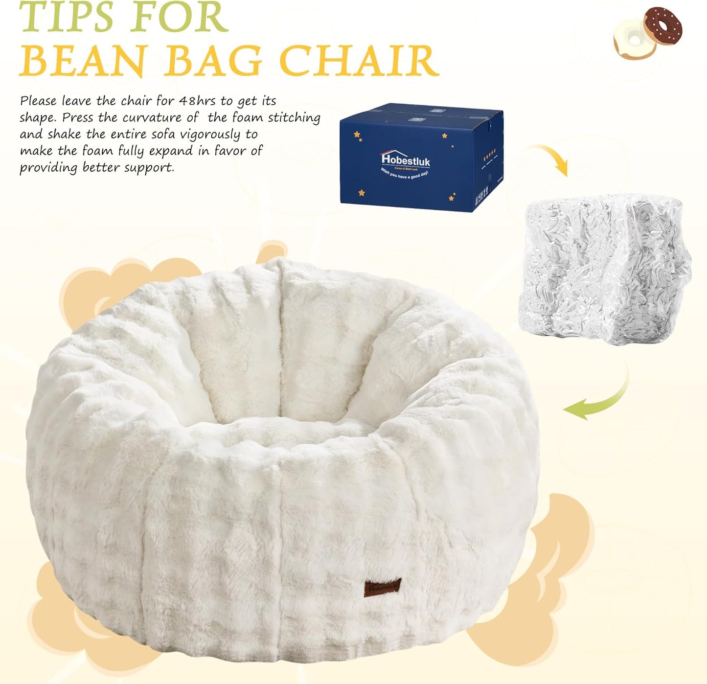 Hobestluk Bean Bag Chair Oversized Bean Bag Chair for Adults Donut-Shaped Large Bean Bag with Spacious Design for Living Room Bedroom or Reading Nook (Bubble White)