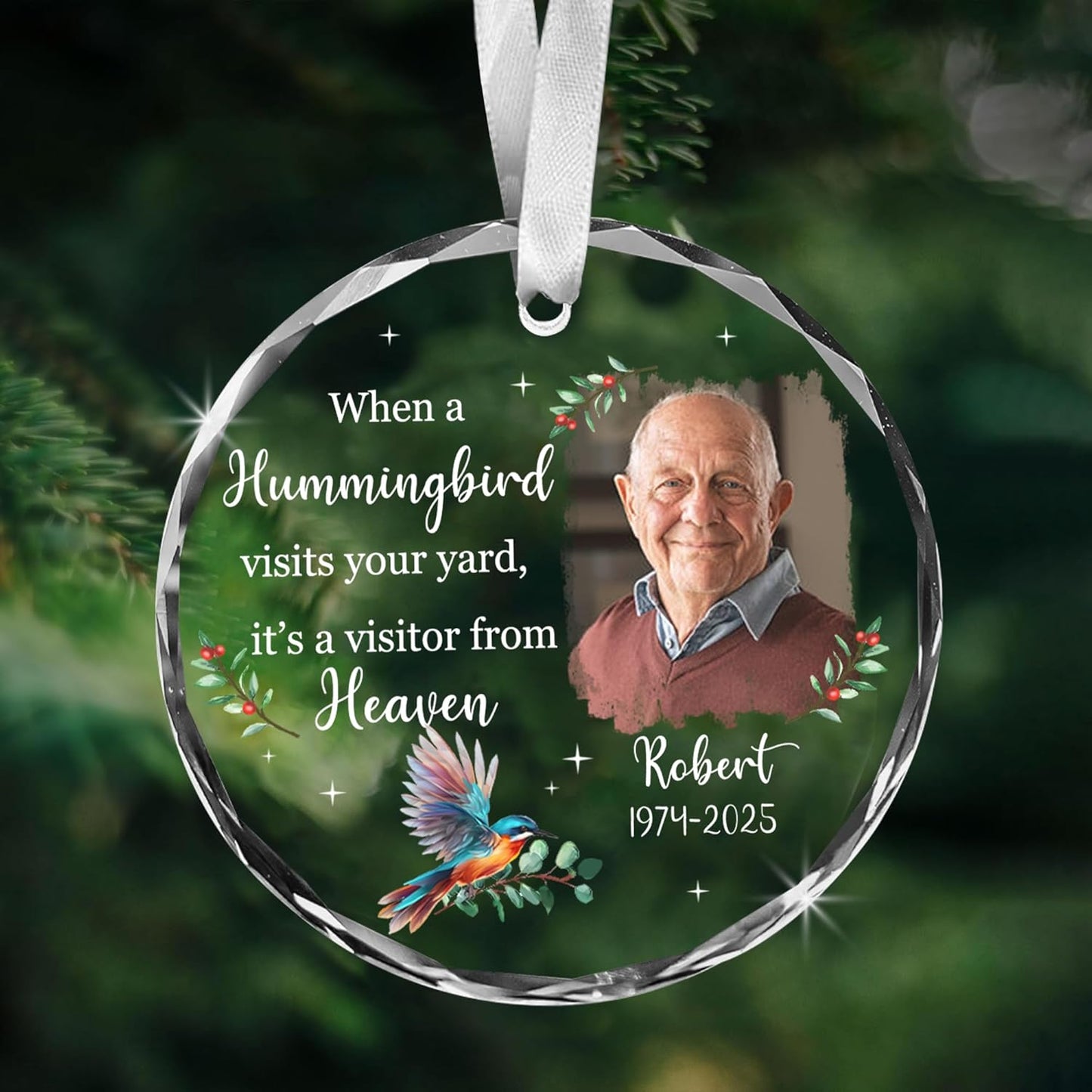 Personalized Memorial Hummingbird Glass Ornament – in Loving Memory of Robert – Custom Name, Birth Year & Passing Year – “When a Hummingbird Visits Your Yard” Memorial Keepsake