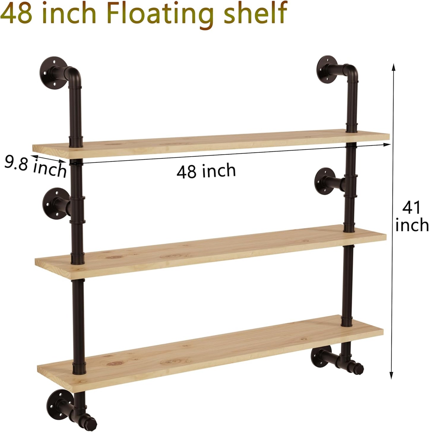 Industrial Pipe Wall Shelves Pipe Shelving with Real Wood Plank,48 Inches Floating Shelves for Wall Farmhouse Pipe Book Shelves Dark Brown 3 Tier for Kitchen,Living Room Decor and Bar Shelving