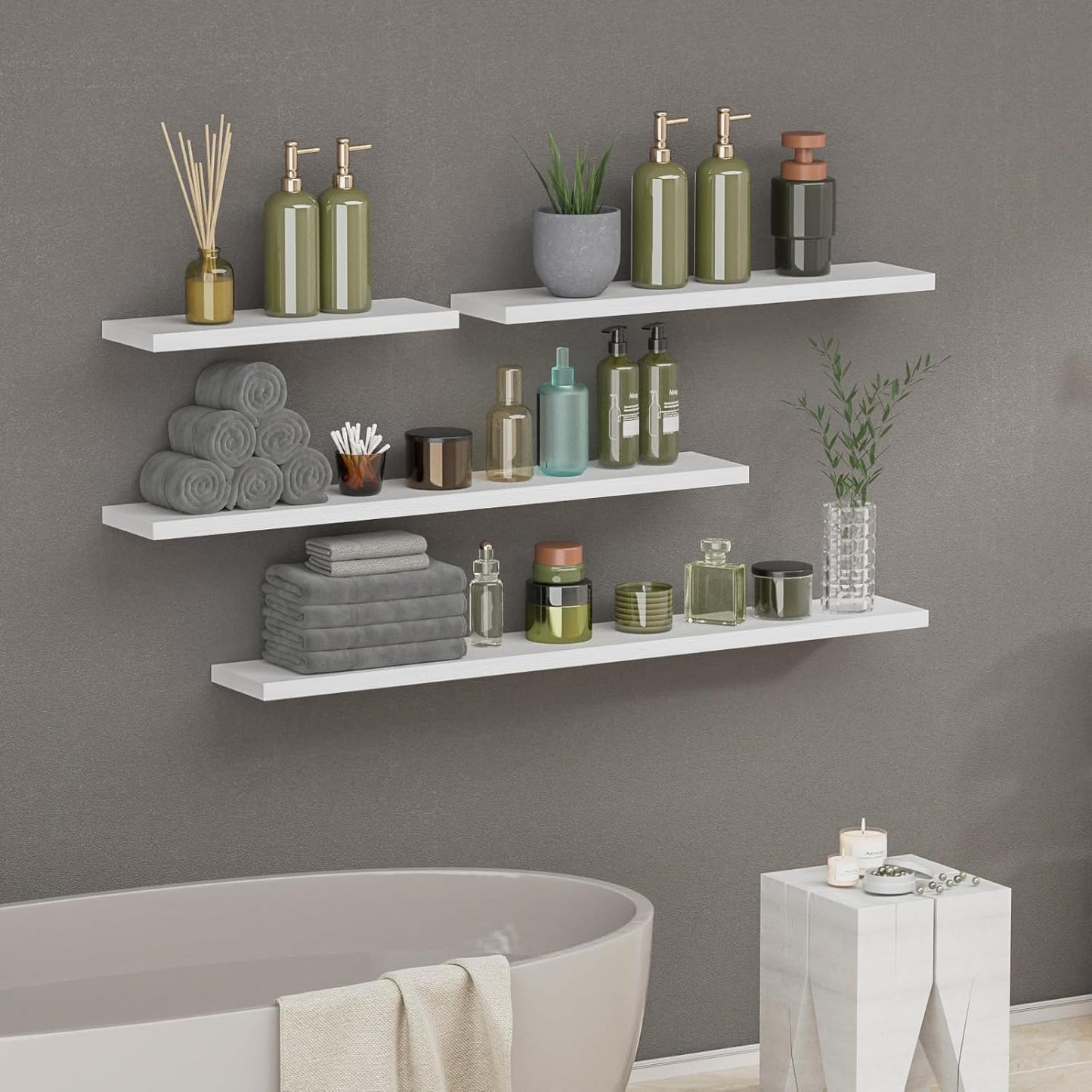 SAUMONIERES Floating Shelves 8 Inch Deep Solid Wood Wide Wall Shelf Set of 2 Wall Mounted for Bedroom Bathroom Living Room Kitchen, 24 Inch White