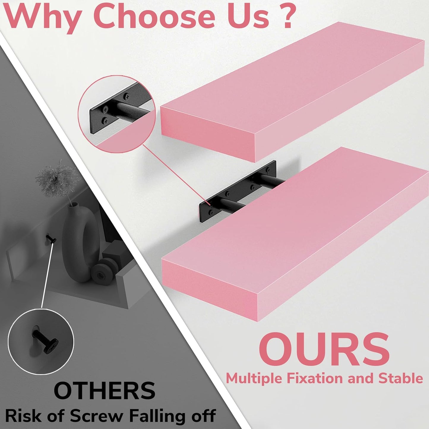 BAMEOS Pink Floating Shelves for Wall, 16" x 6" Wall Shelves for Room, Floating Book Shelves, Hanging Shelves for Bedroom, Bedroom, Living Room, Kitchen (Set of 2)