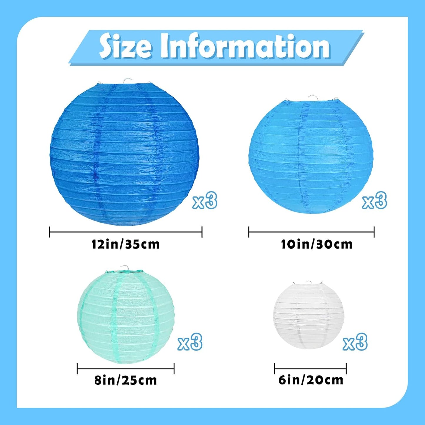 12Pcs Blue and White Paper Lanterns Assorted Sizes (6" 8" 10" 12") for Home Decor, Wedding, Birthday, Underwater Themed Party Decorations, Hanging Chinese Japanese Paper Lantern (3 Blue Colors)