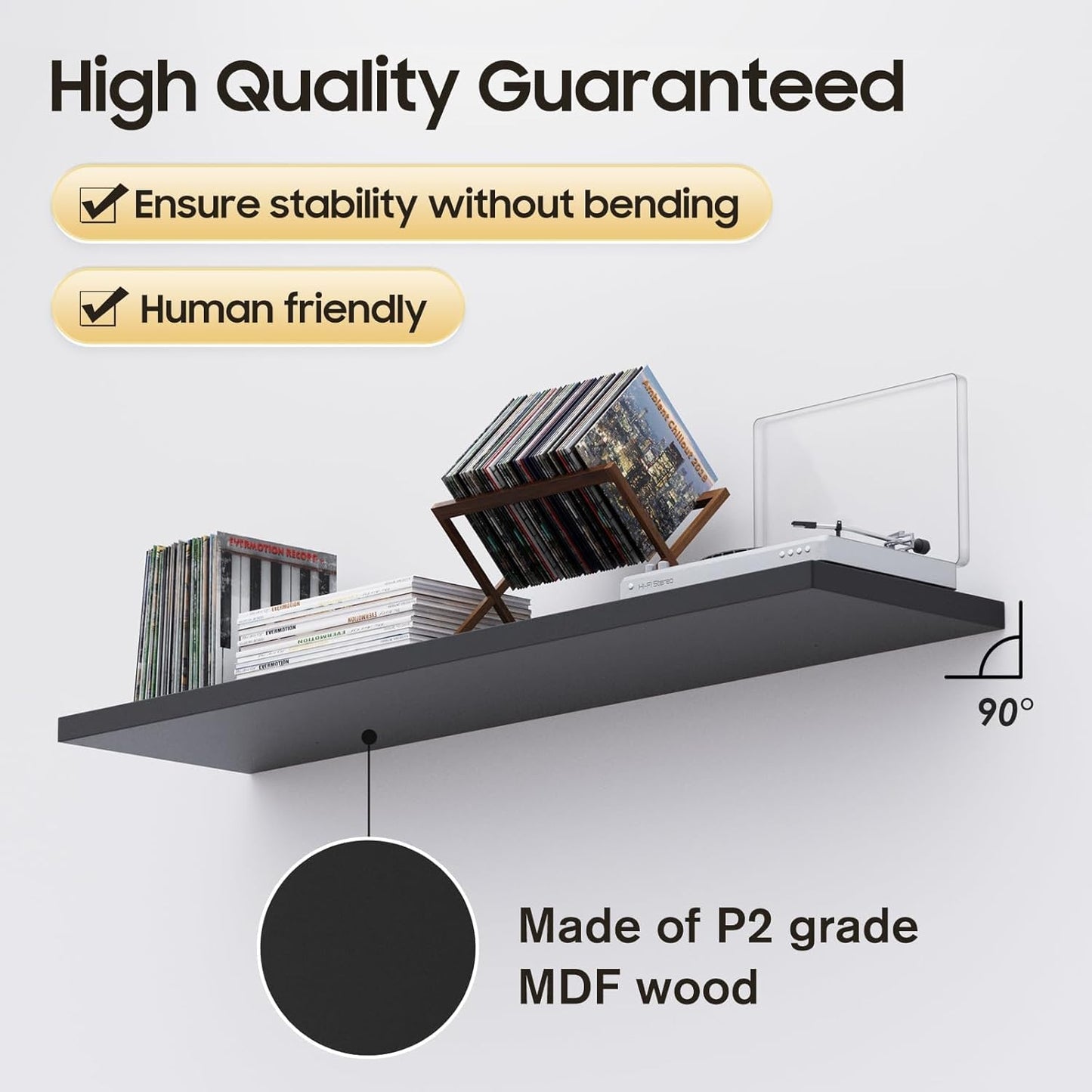 Floating Shelf, Set of 2 Wall Shelf, 24 in W x 12.75 in D x 2 in H Wooden Floating Wall Shelf with Invisible Brackets for Living Room/Bedroom/Bathroom/Kitchen Storage and Decor, Black