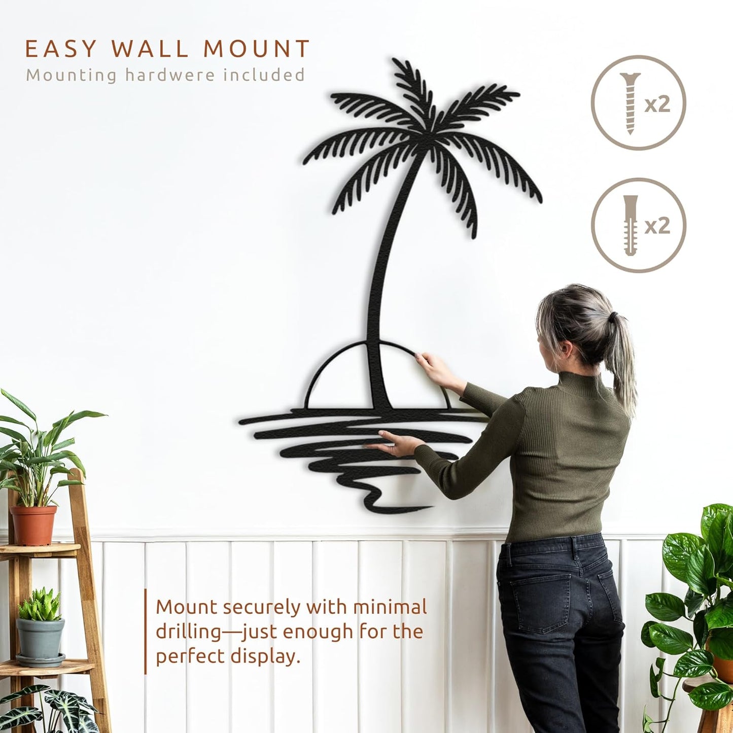 Metal Palm Tree with Sunset Wall Art, Large Outdoor Wall Decor, Tropical Beach Decor for Living Room, Bedroom, Garden Home Wall Sign, Perfect Metal Wall Art for Beach House (Black, 48 x 40 inches)