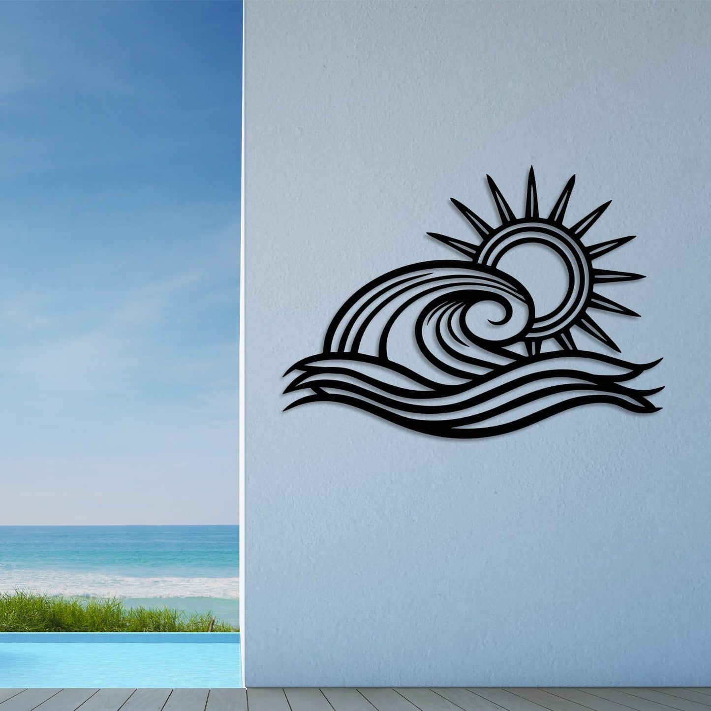 Wita Home Ocean Wave Metal Wall Art, Sun Beach Decor, Coastal Large Wall Sculpture for Home, Indoor/Outdoor Use, Nautical Wall Hanging, Eye-Catching Addition to Living Room (Red, 48 x 28 inches)