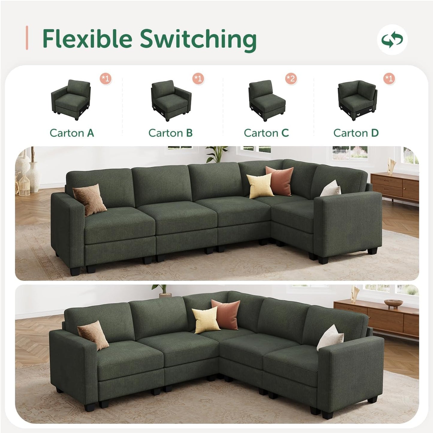 HONBAY Corduroy Modular Sectional Sofa with 5 Seaters, Sectional Corner Sofa with Chaise, L Shape Couches for Living Room, Green