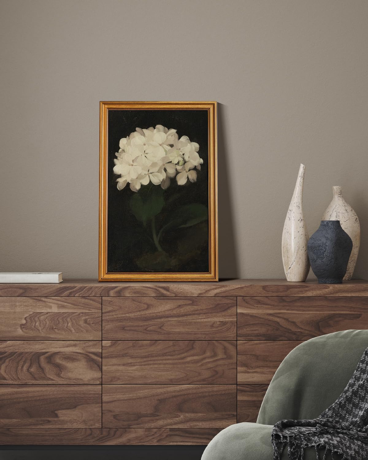 HUARCEY Gold Framed Vintage Wall Art for Living Room, Flowers Painting Canvas Prints Shelf Decor for Kitchen, Aesthetic Bedroom Wall Art, Christmas Gifts for Friends Family (White Hydrangea 16"x24")