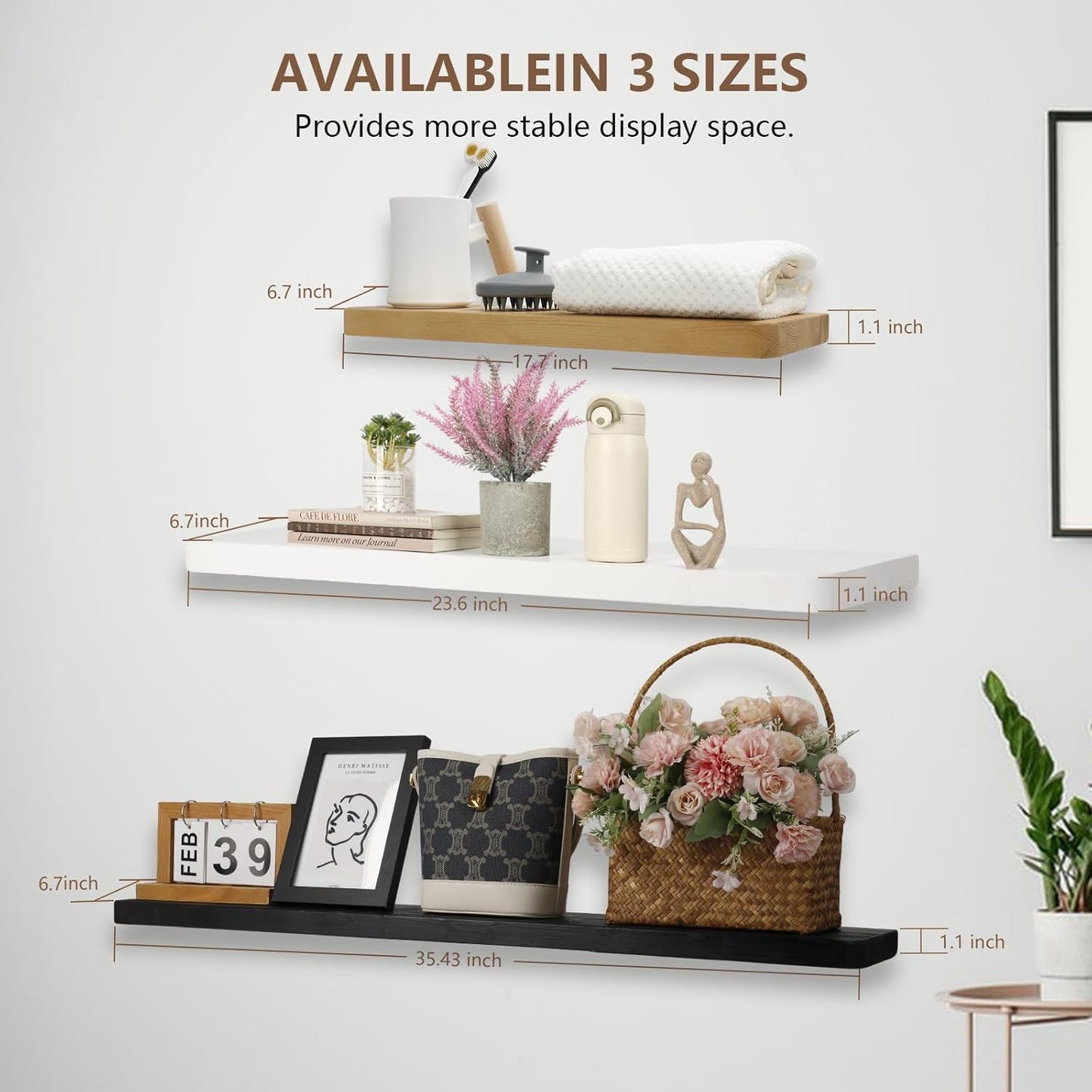 Solid Wood Floating Shelves Set of 2 - Natural, Warp & Crack Resistant 23.62 Inch Wall Shelf with Invisible Brackets Thicker, More Durable for Bathroom, Bedroom, Kitchen, Living Room (Black, 23.62)