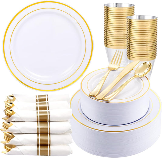 350Piece Gold Dinnerware Set for 50 Guests - Gold Plastic Plates with Disposable Cutlery Include:50Dinner Plates-50Dessert Plates-50Pre Rolled Napkins with Silverware for Thanksgiving